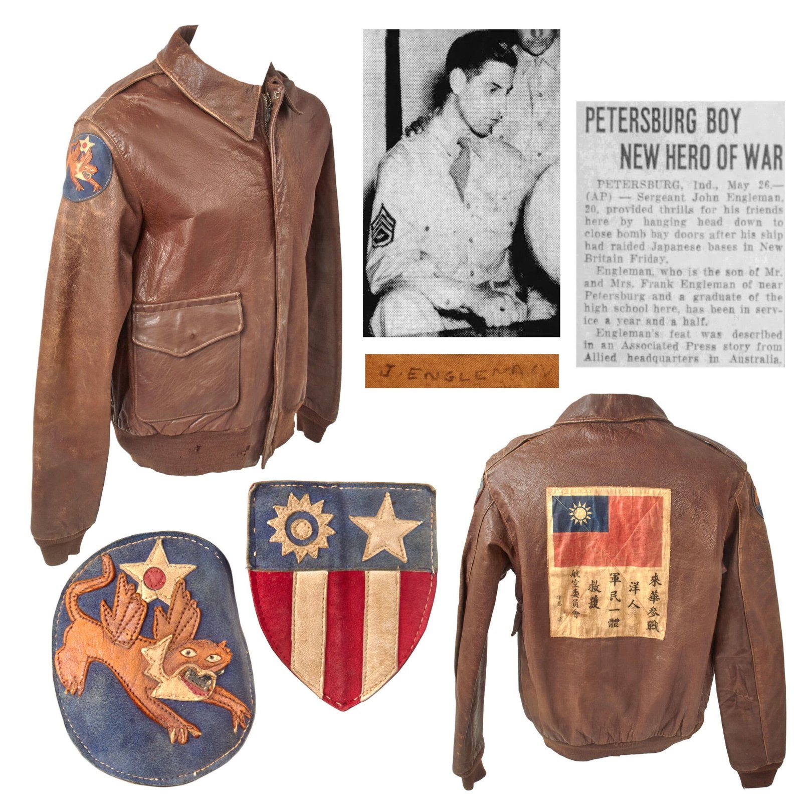 Buy Original U.S. WWII B-26 “Kansas Comet II” Engineer Sgt. John Engleman’s A2 Flight Jacket with Blood Chit & Theater-Made CBI & 14th Air Force Leather Patches - 19th Bombardment Squadron | Original Firearms Antique For Sale