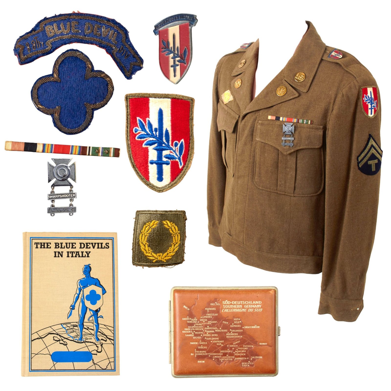 Original U.S. WWII Early Austrian Occupation & 8th “Blue Devils” Infantry Division Uniform Ike Jacket with Italian-Made 88th Patch & German-Made DUIs with 88th Unit History & Cigarette Case