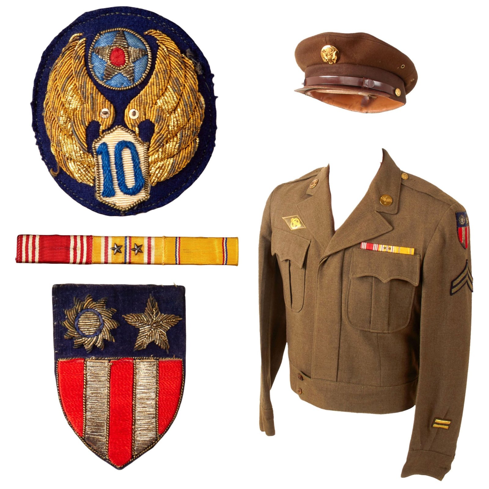 Original U.S. WWII AAF CBI 10th Air Force Custom-Tailored Ike Jacket Uniform Set with Bullion Patches & Visor Cap