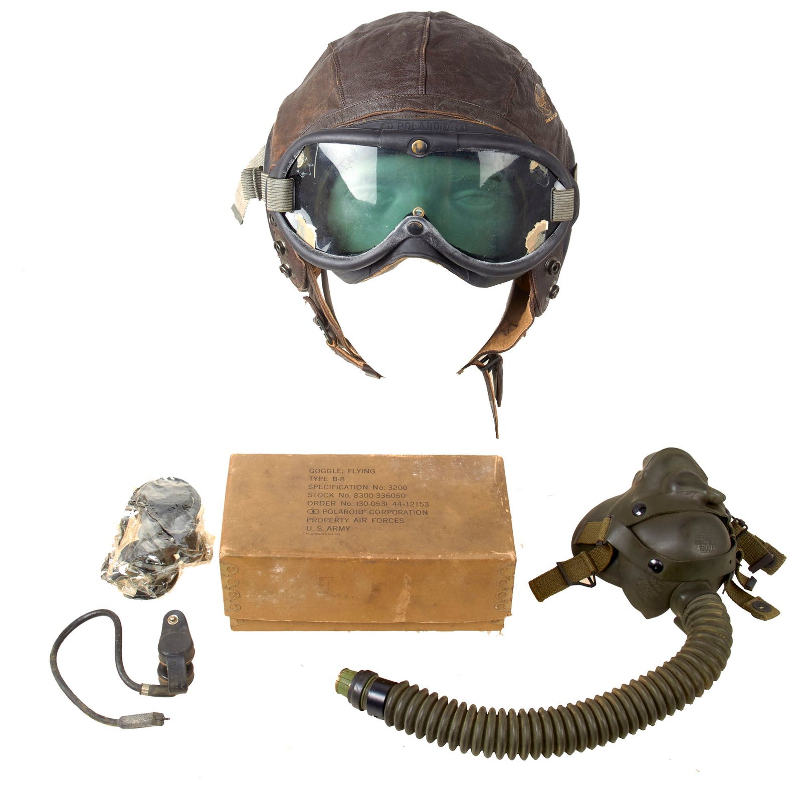 Buy Original U.S. WWII Army Air Force Aviator Flight Helmet Set - Polaroid B-8 Goggles with Box, A-14 Mask And A-11 Helmet | Original Firearms Antique For Sale