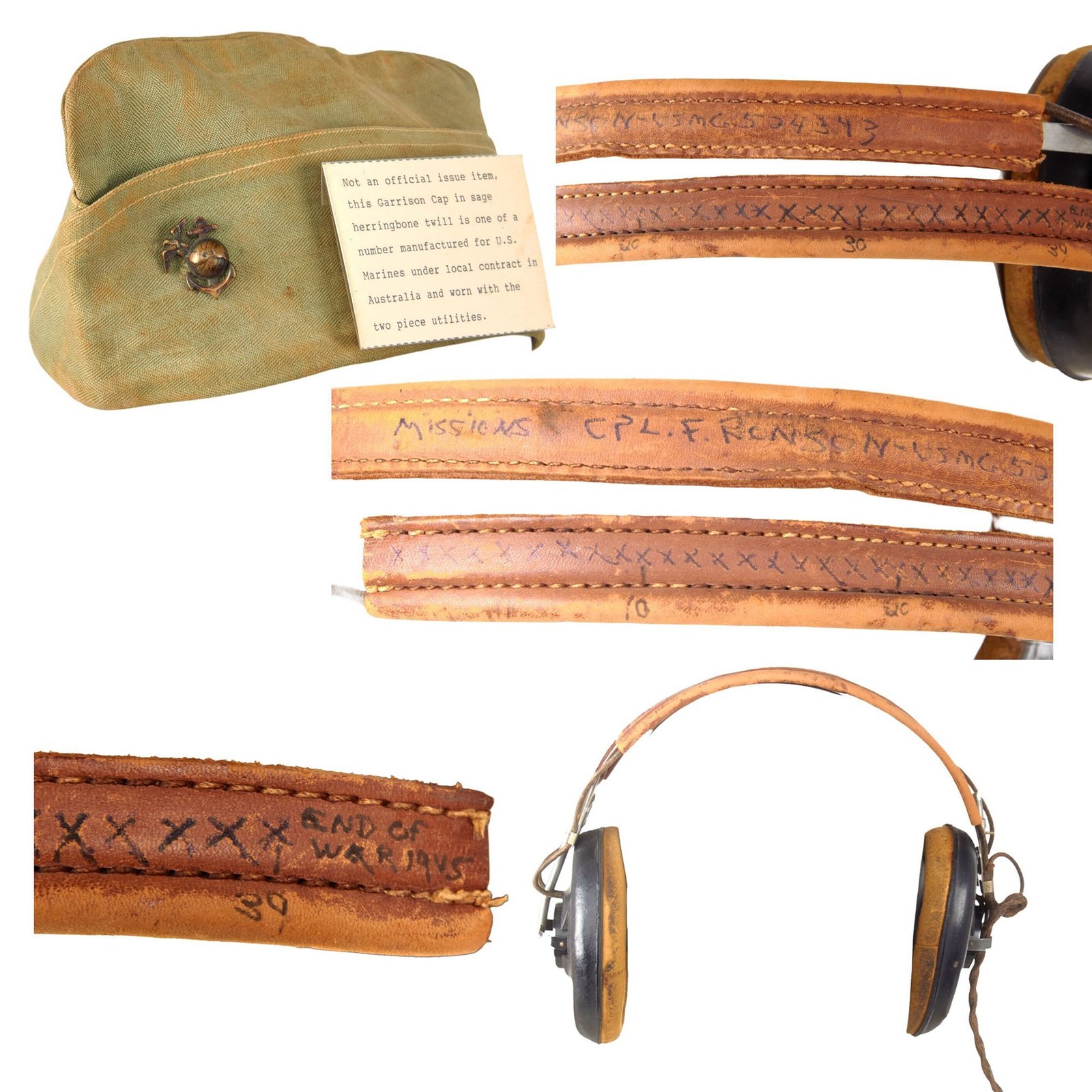 Buy Original U.S. WWII USMC VMB-443 Radio Gunner’s R-14 Headset with Mission “Chit” and Australian-Made HBT Cap with Old Museum Tag - Corporal Frederick E. Ronson | Original Firearms Antique For Sale