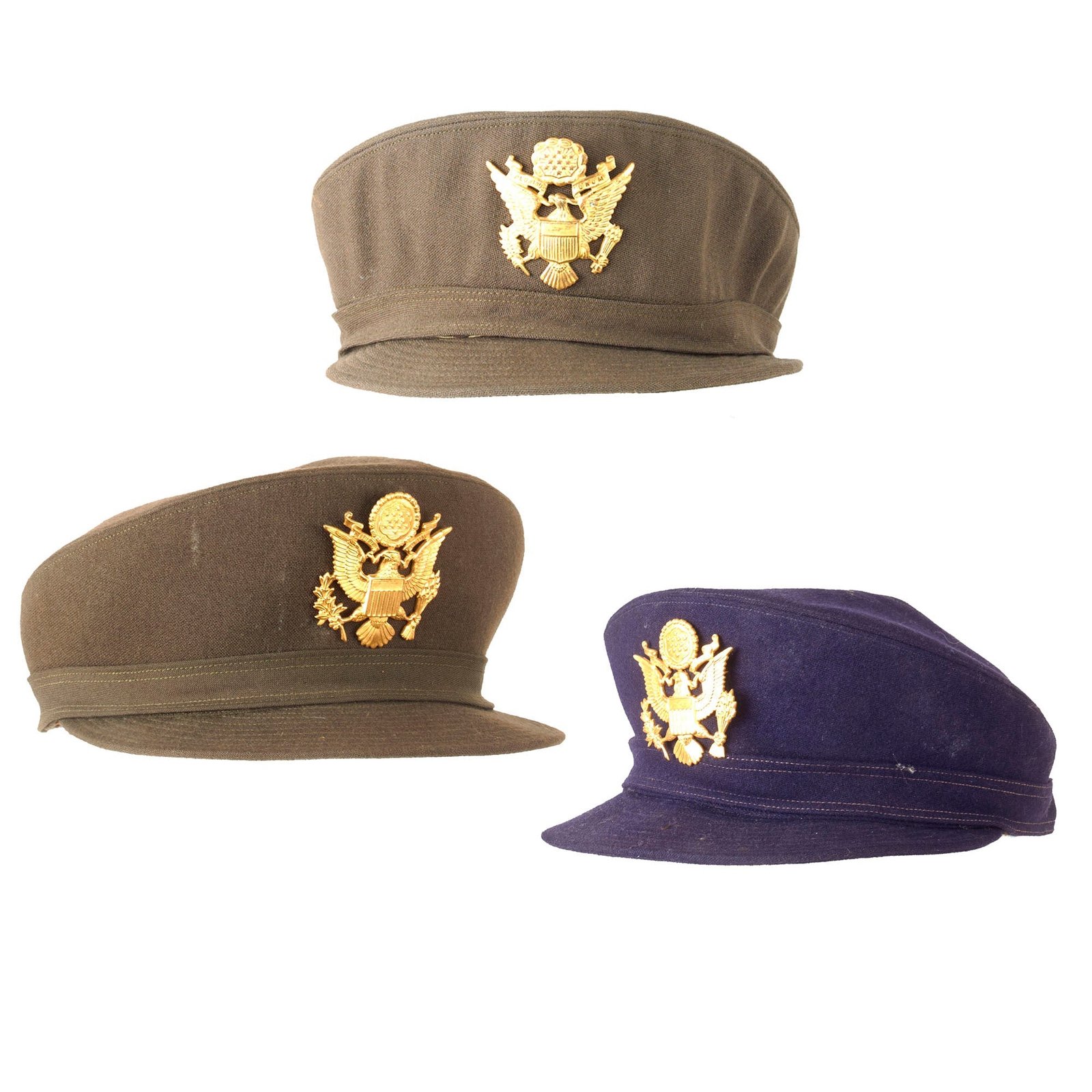 Buy Original U.S. WWII Lot of Three Women's Army Corps WAC Hobby Hats - Two OD Green and One Dark Blue | Original Firearms Antique For Sale
