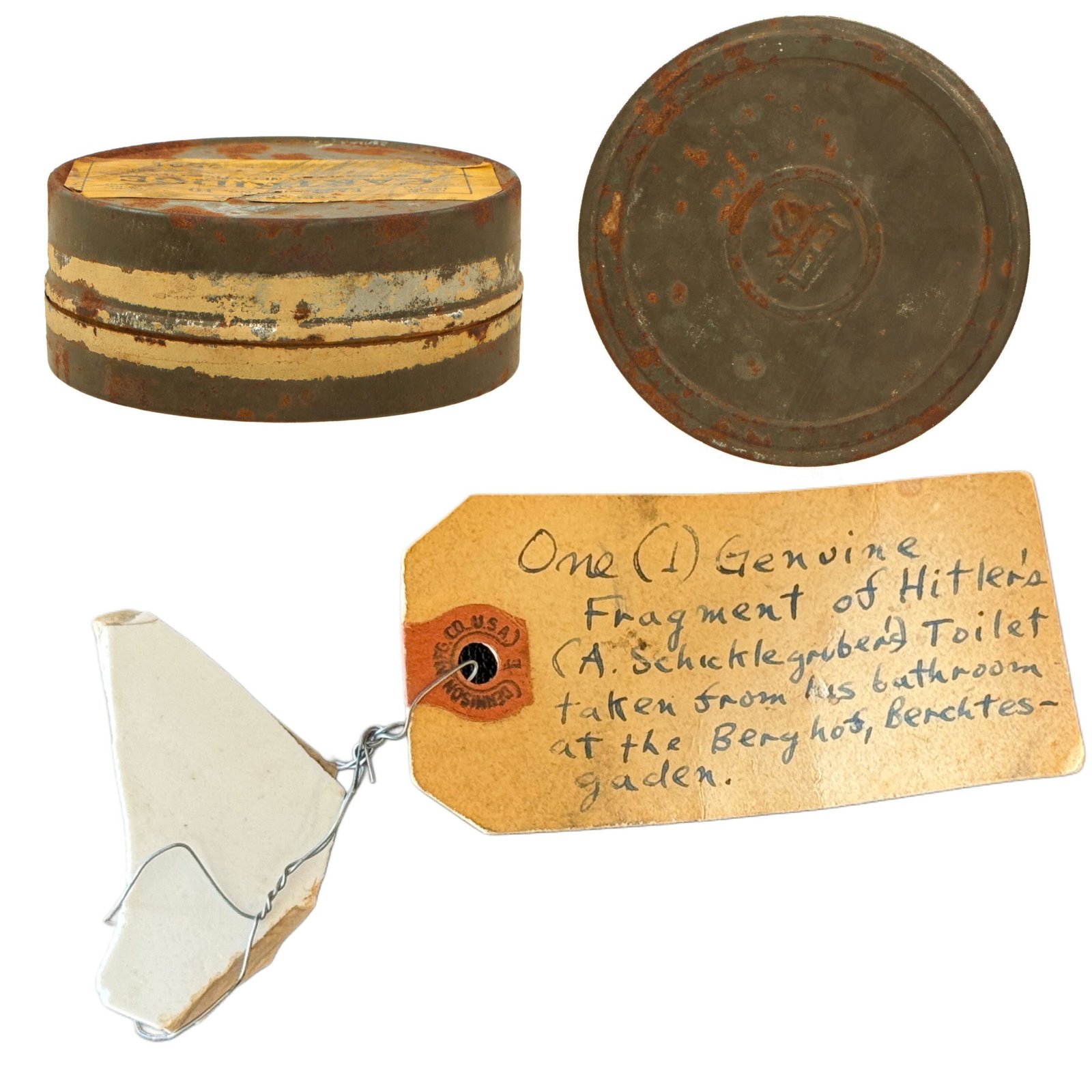 Buy Original German WWII Piece of AH’s Toilet Taken from Retreat Der Berghof at Berchtesgaden with Period Tag in Film Cartridge Tin | Original Firearms Antique For Sale