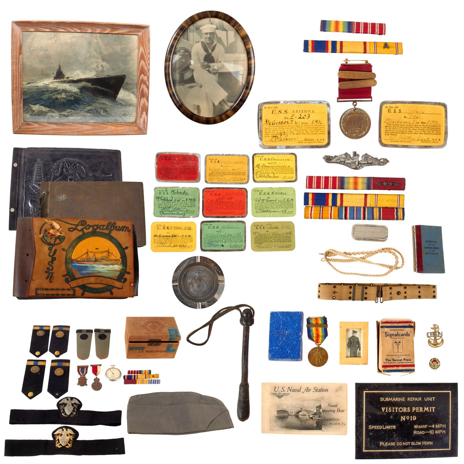 Original U.S. WWI & WWII Navy Grouping of John William McGibbon, USS Oglala at Pearl Harbor with Engraved Good Conduct Medal with Bars, USS Arizona Pass and Outstanding Ephemera, Scrapbooks, Portrait, and More