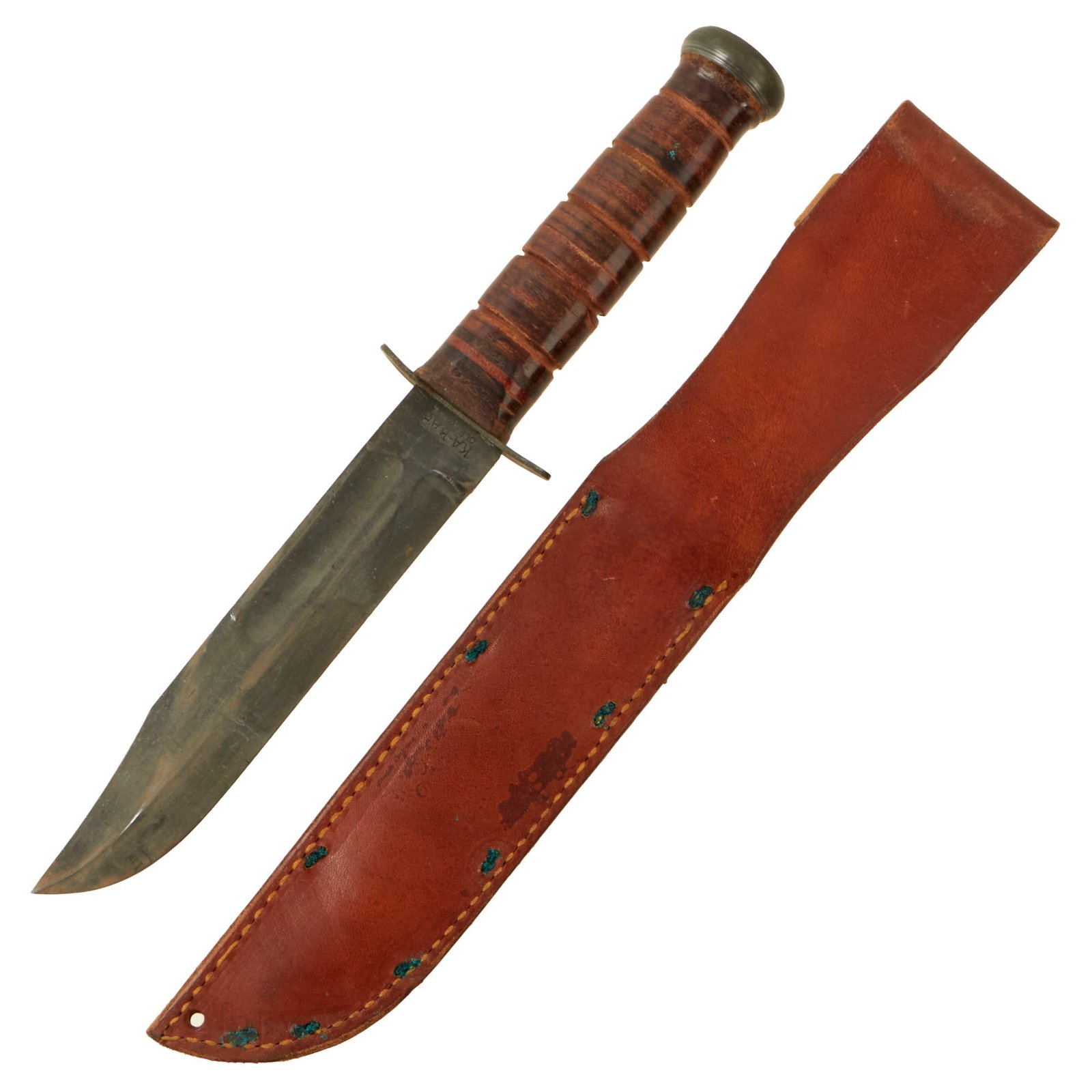 Original U.S. WWII USN Mark 2 KA-BAR Blade Marked Fighting Knife with Leather Scabbard by Boyt - Dated 1943