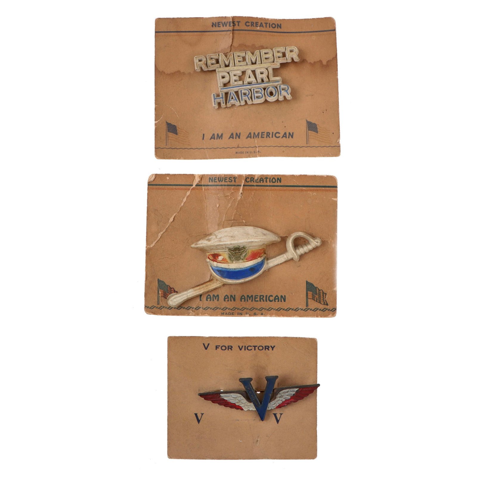 Original U.S. WWII Homefront Patriotic Pins on Original Cards - Lot of 3