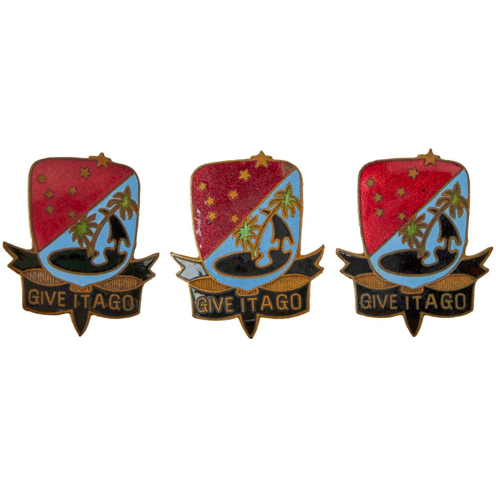 Buy Original U.S. WWII Australian-Made Enamel 271st Field Artillery Battalion Distinctive Unit Insignia DUI “Give it a Go” - Set of 3 | Original Firearms Antique For Sale