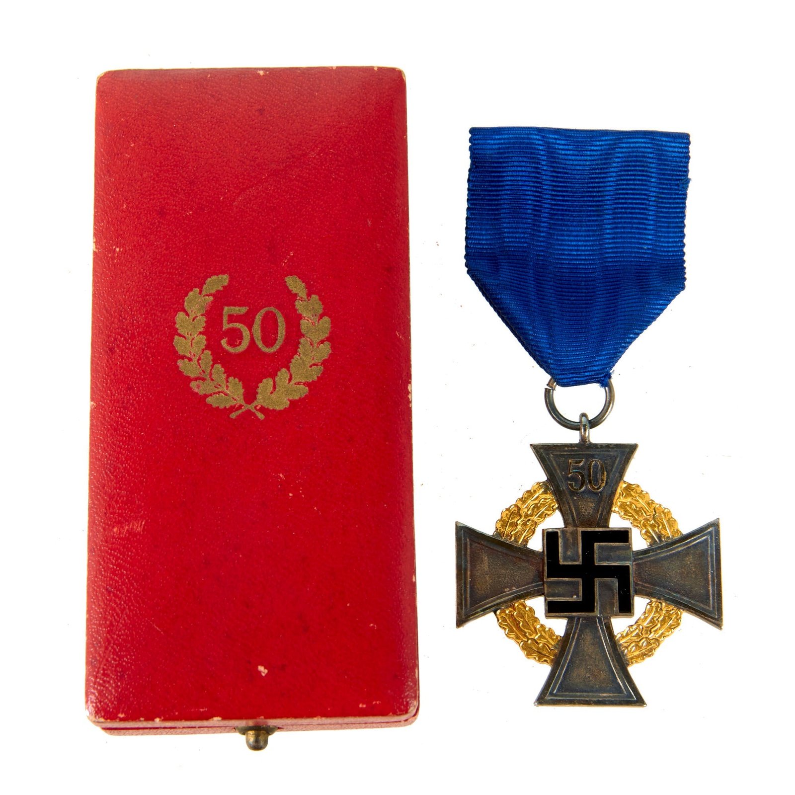Original German WWII 1st Class with Oak Leaves 50 Year Civil Service Faithful Service Medal in Case by Deschler & Sohn