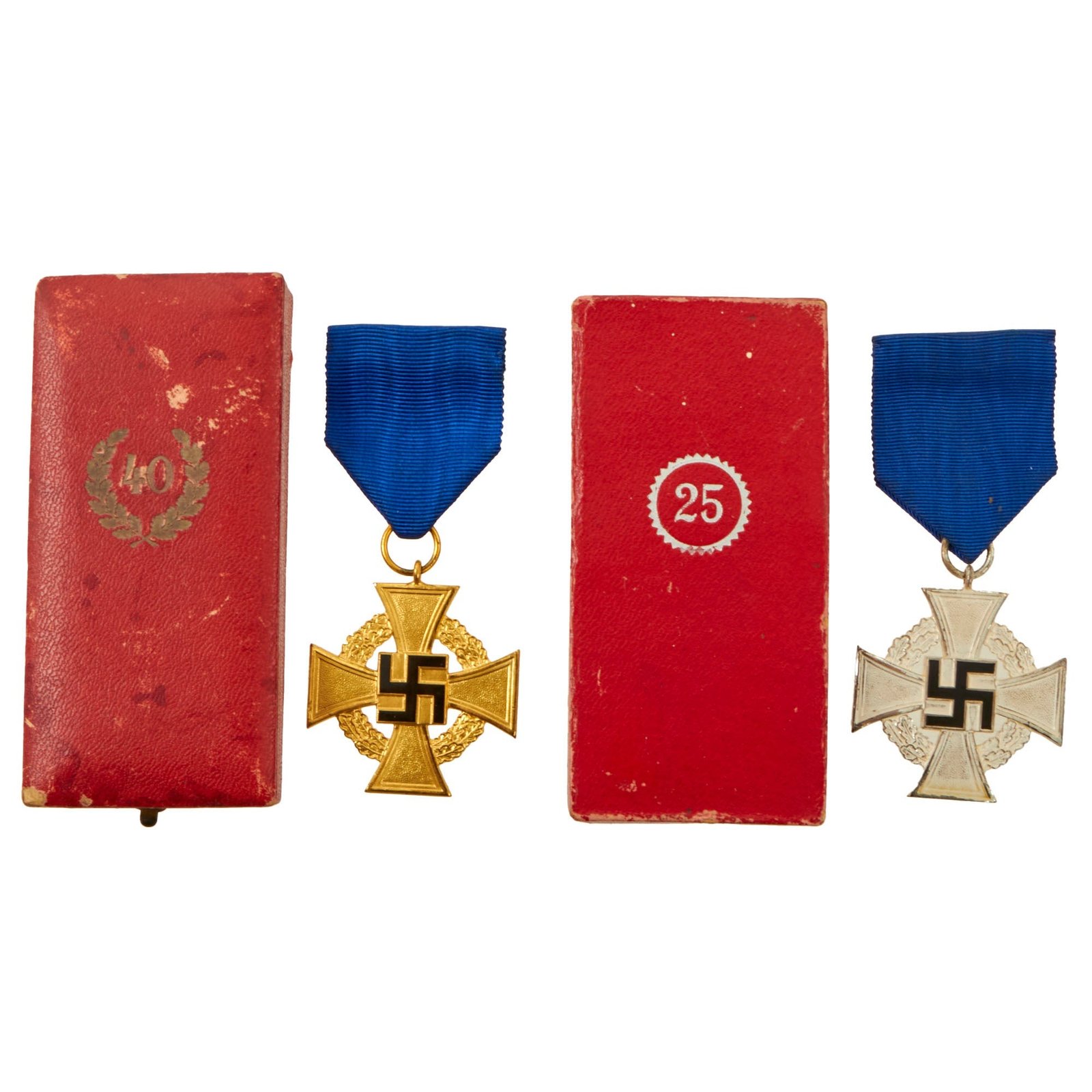 Buy Original German WWII Set of Two Cased Civil Service Faithful Service Medals - 40 Year 1st Class and 25 Year 2nd Class | Original Firearms Antique For Sale