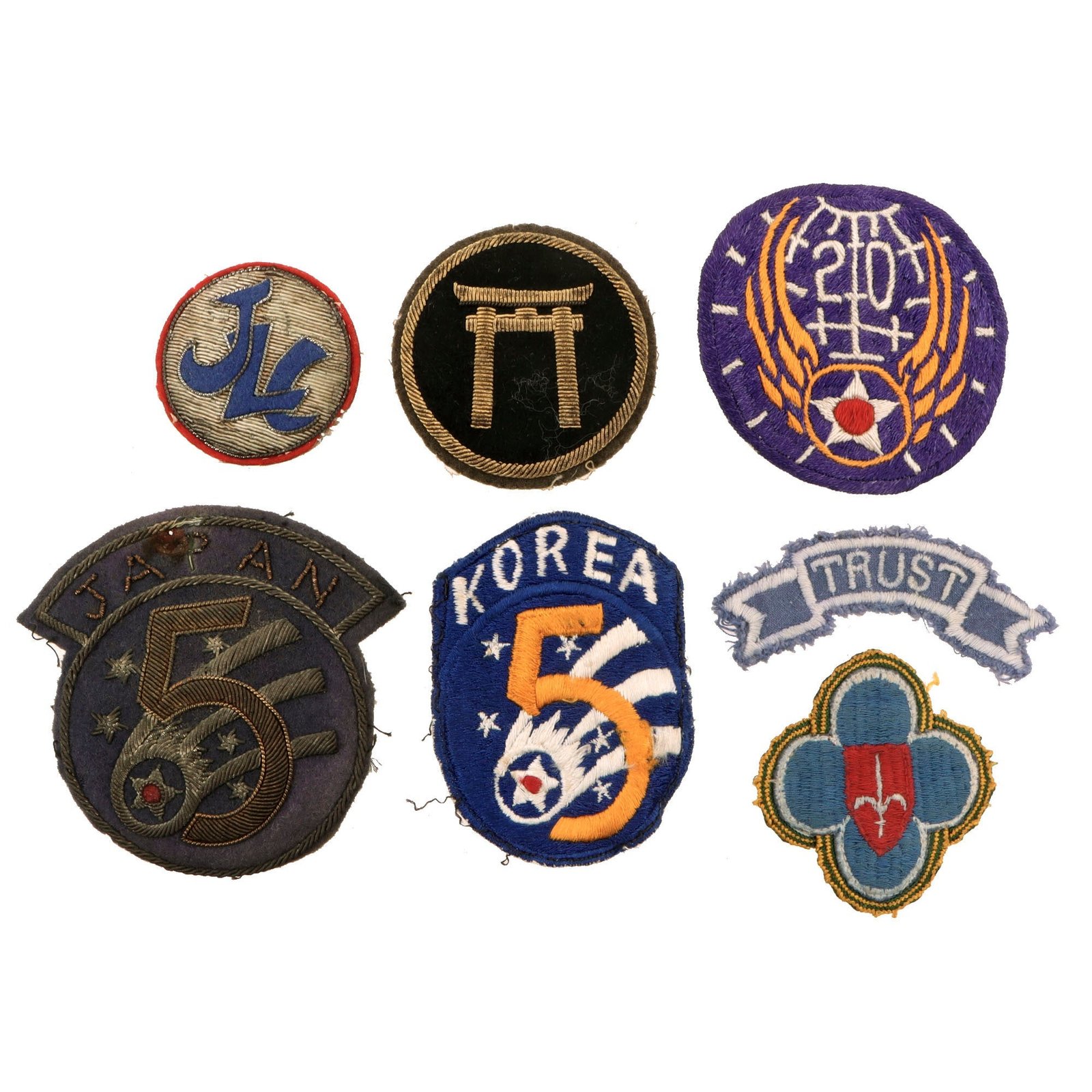 Original U.S. Korean War 5th Air Force in Japan Theater-Made Bullion Patch SSI Lot with 88th ID Post-War Occupation TRUST Patch and Japanese-Made Examples - Lot of 6