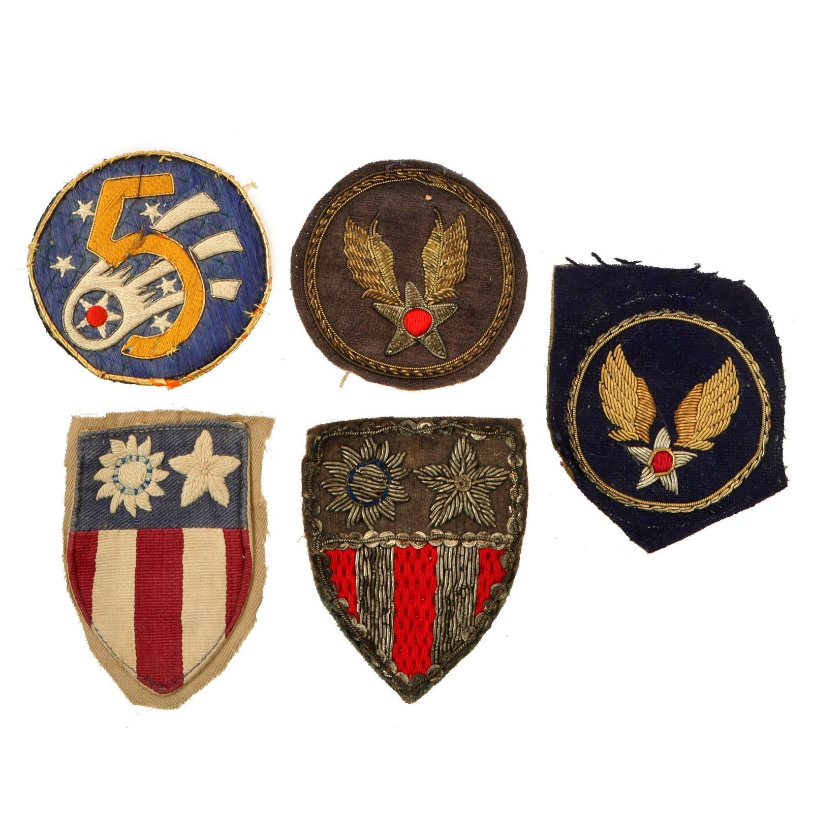 Original U.S. WWII AAF & CBI Theater-Made Bullion Patch SSI Lot with Embroidered Collar Insignia - Lot of 5