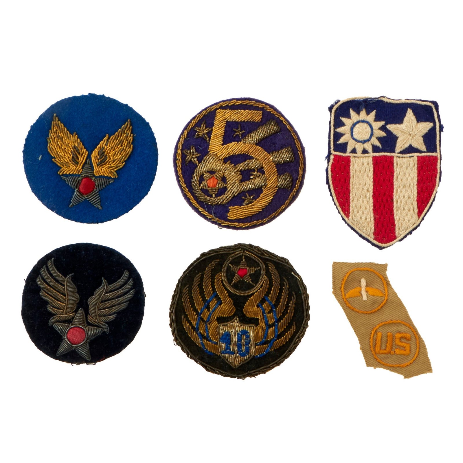 Buy Original U.S. WWII AAF & CBI Theater-Made Bullion Patch SSI Lot with Embroidered Collar Insignia - Lot of 6 | Original Firearms Antique For Sale
