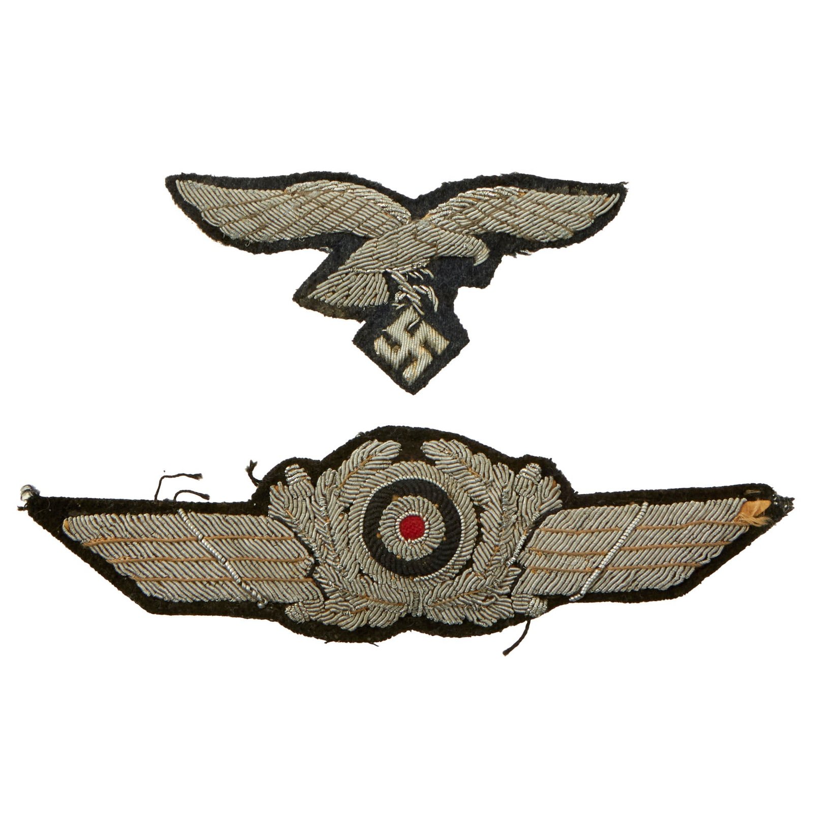Buy Original German WWII Luftwaffe Officers Embroidered Bullion Insignia Set - Uniform Breast Eagle and Cap Winged Wreath | Original Firearms Antique For Sale