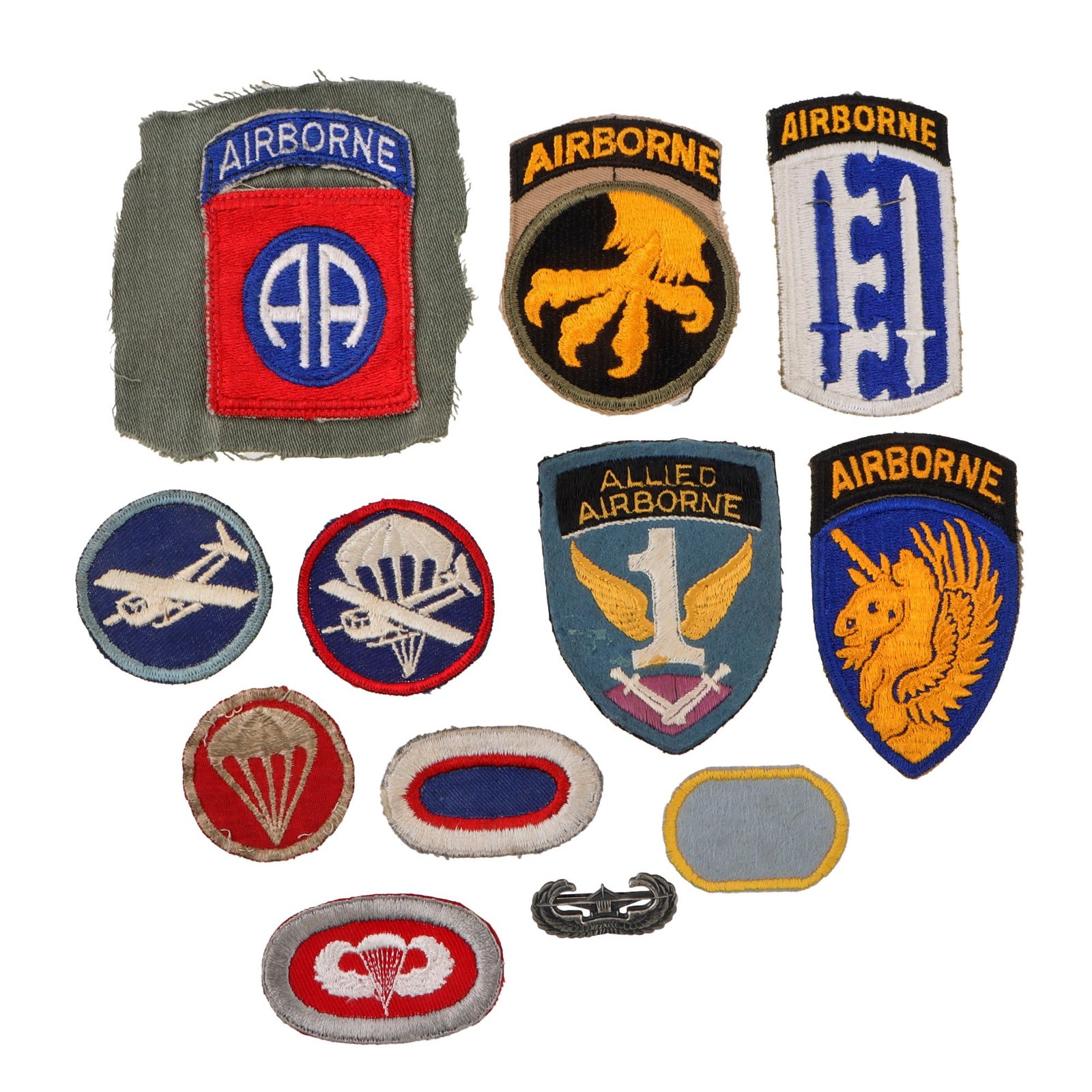 Original U.S. WWII Airborne Patch & Insignia Lot - Sterling Glider Wings & Airborne Ovals with Uniform-Removed 82nd Airborne Patch - 12 Pieces Total