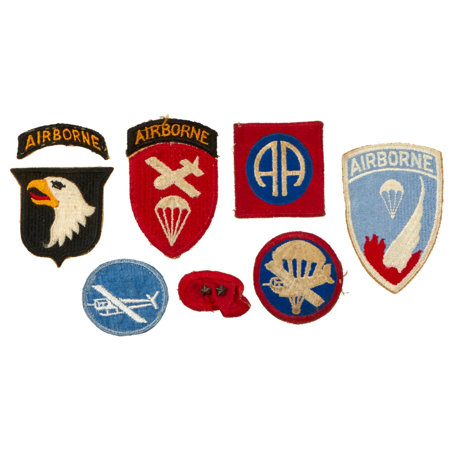 Buy Original U.S. WWII Airborne Patch & Insignia Lot - 101st & 82nd Divisions, Oval with Campaign Stars & Paraglider Garrison Cap Patches - 7 Pieces Total | Original Firearms Antique For Sale