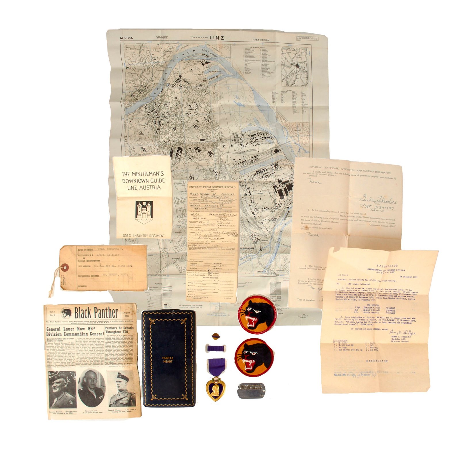 Original U.S. WWII 66th Infantry Division Purple Heart Medal & Dog Tag Grouping - Staff Sergeant Theodore W. Gula, 264th Infantry Regiment