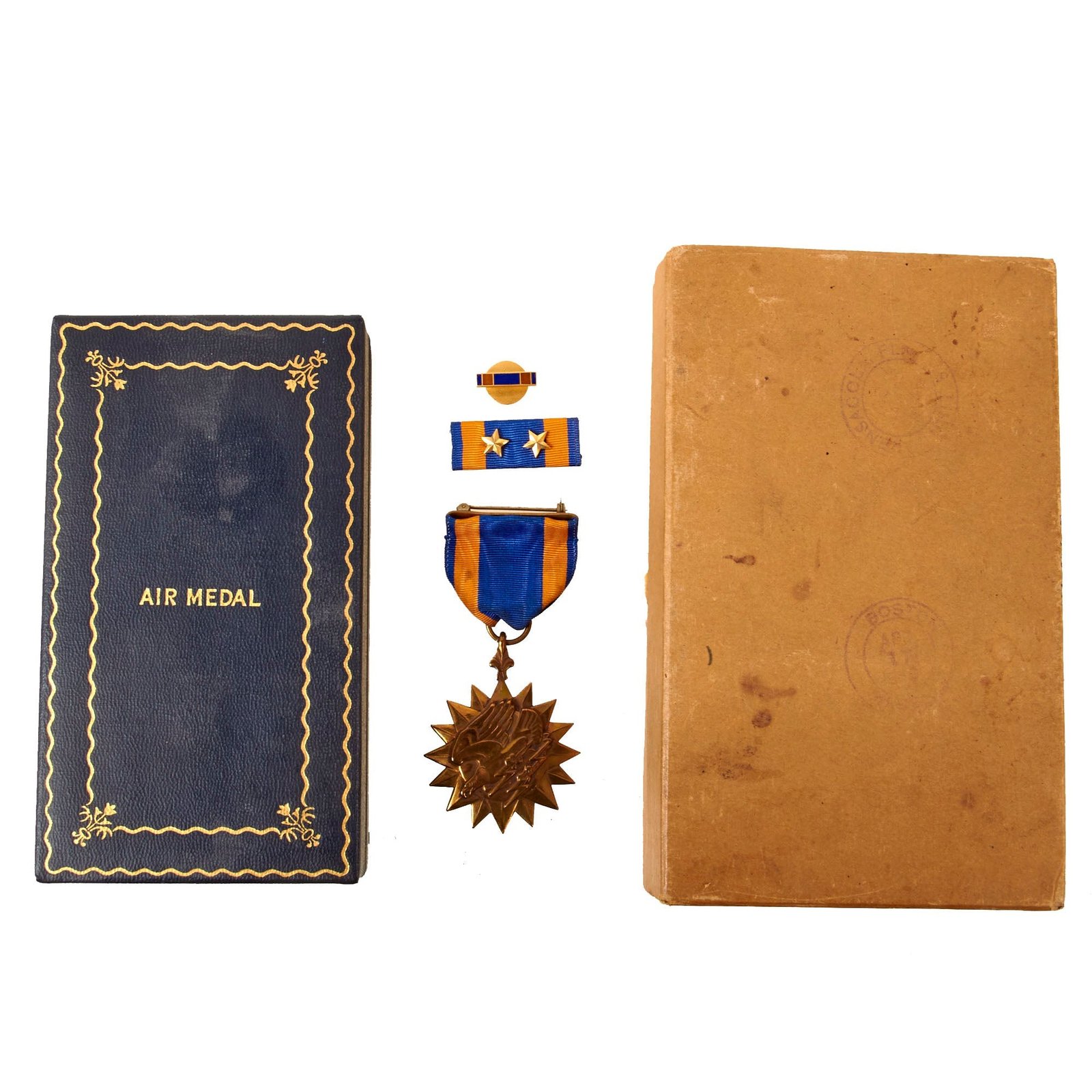 Original U.S. WWII Navy Issue Air Medal with Wrap Brooch in Original Shipping Box & Presentation Case - Excellent