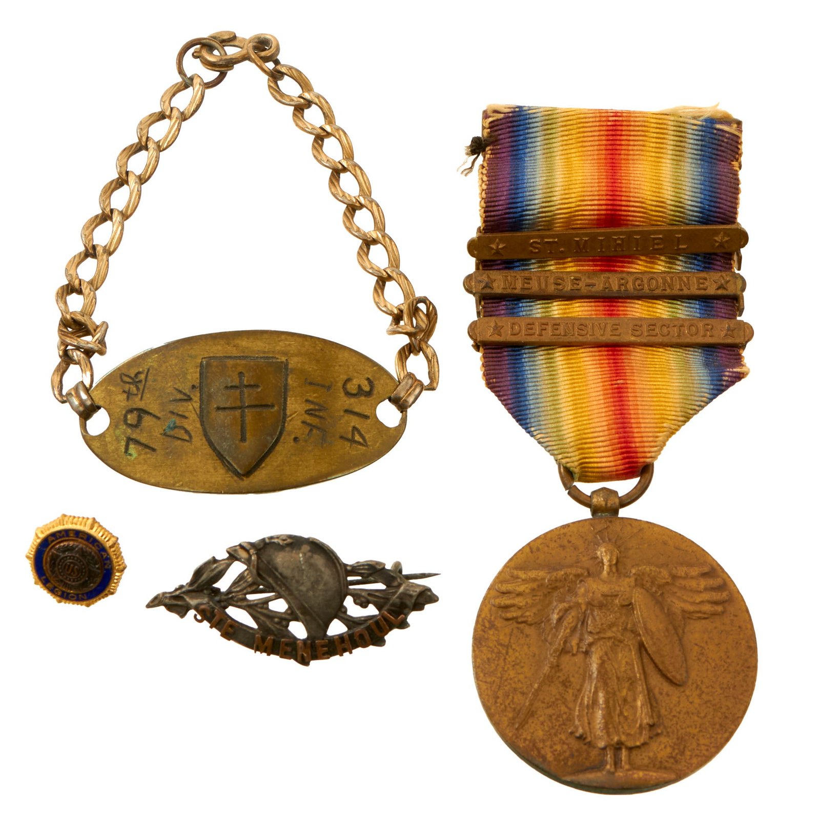 Original U.S. WWI 79th Division Identification Tag Bracelet with Victory Medal and Other Insignia