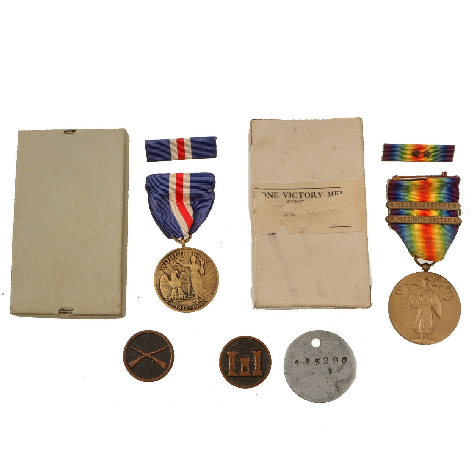 Original U.S. WWI Victory Medal & Dog Tag Group with Separate Connecticut State Victory Medal - Rudolph H Hauer, 308th Engineer Regiment