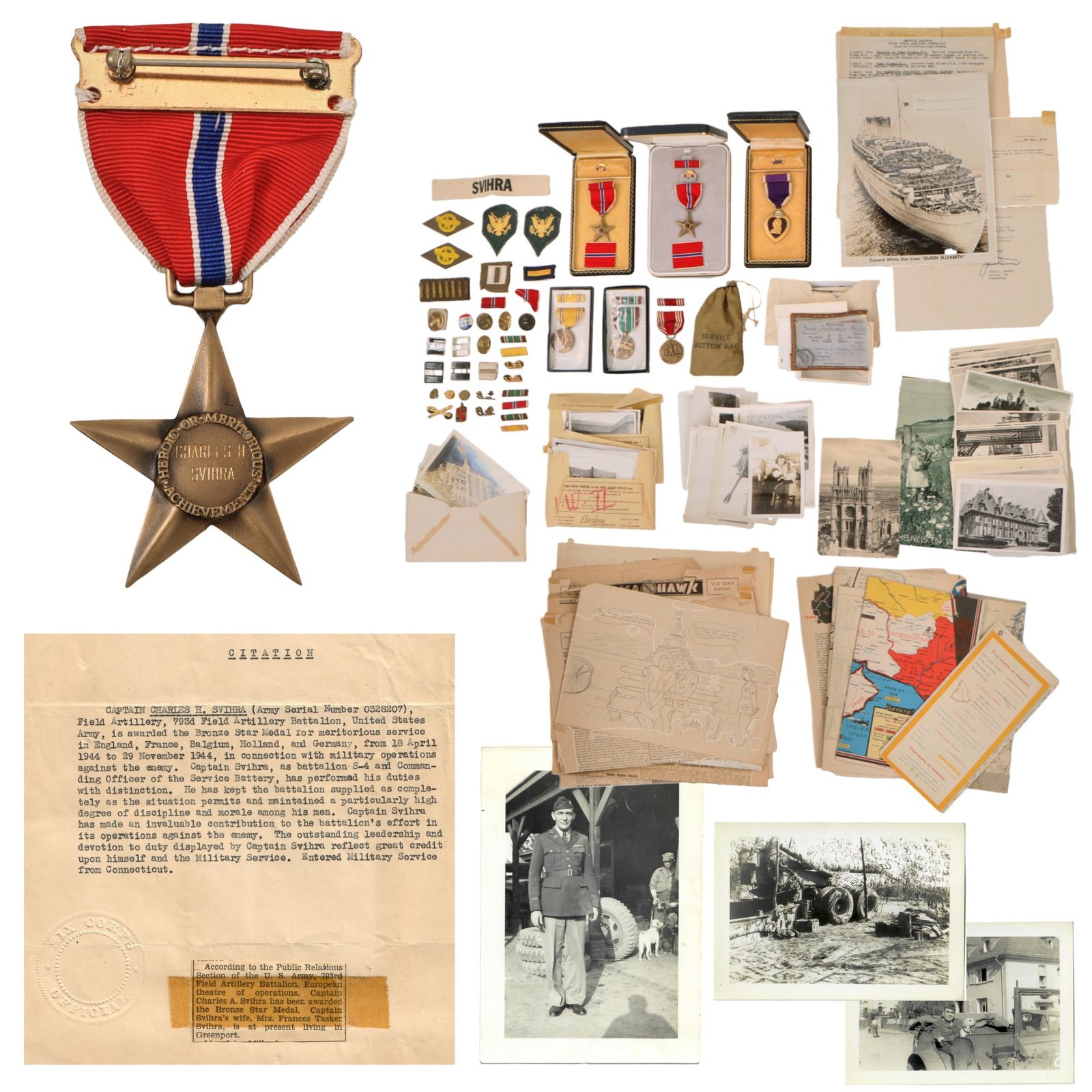 Original U.S. WWII 793rd Field Artillery Battalion Captain’s Bronze Star Grouping with Engraved Medal & Original Citation with Tons of Ephemera - Charles H. Svihra