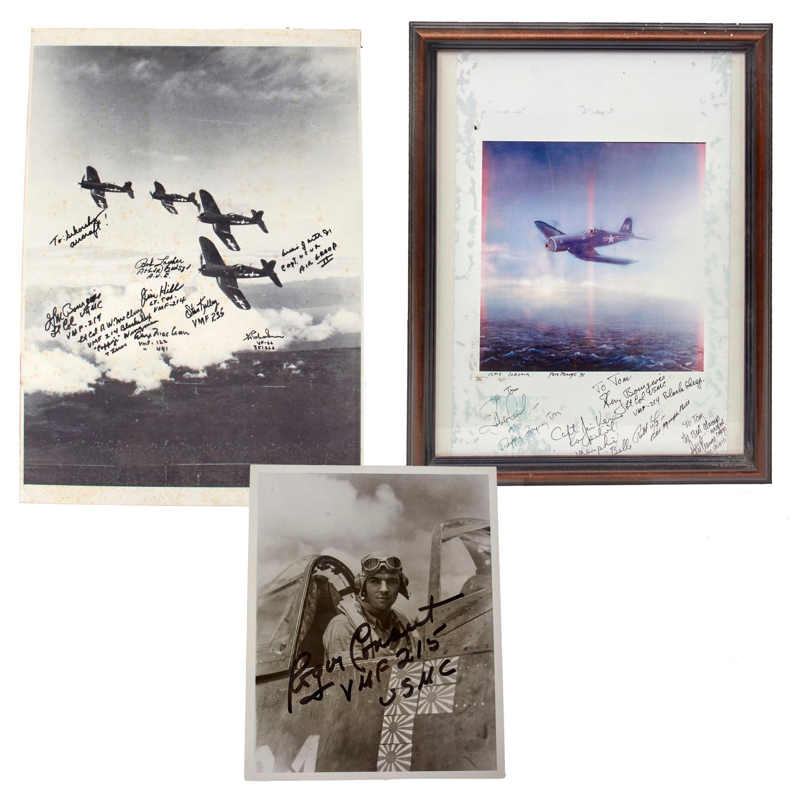 Original U.S. WWII Vought F4U Corsair Pilot Autograph Lot with Two Great Group Signature Photos