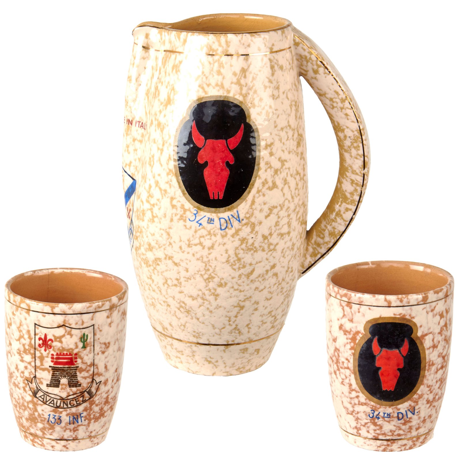 Original U.S. WWII 34th Infantry Division Italian-Made Pitcher & Cup Set with Glazed Infantry Regiment Insignia by Saca of Sestofiorentino, Italy - 133rd, 135th, & 168th Regiments