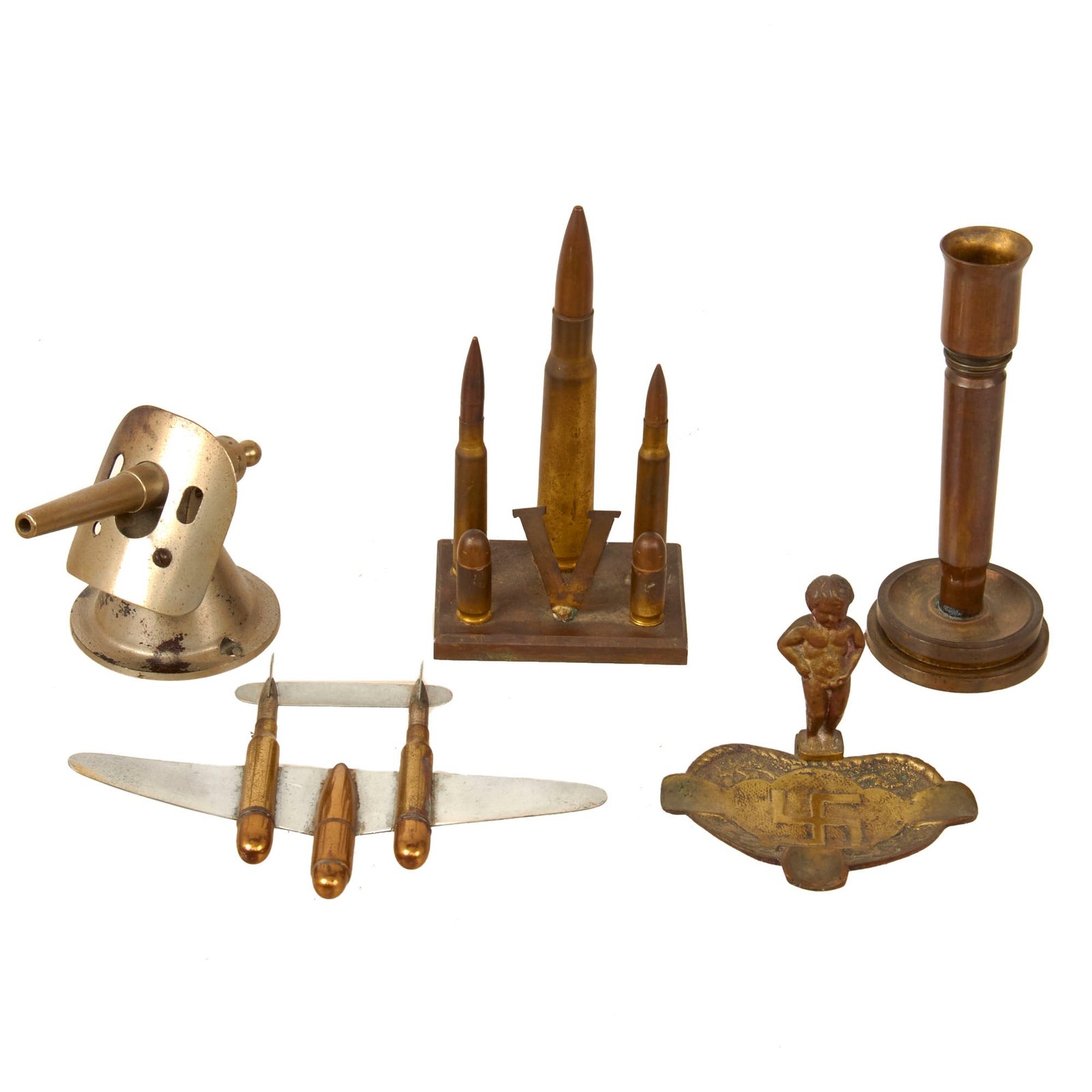 Original U.S. WWII Trench Art Lot with Anti-NSDAP Baby Urinating Ashtray & Shell Artillery Gun - Inert