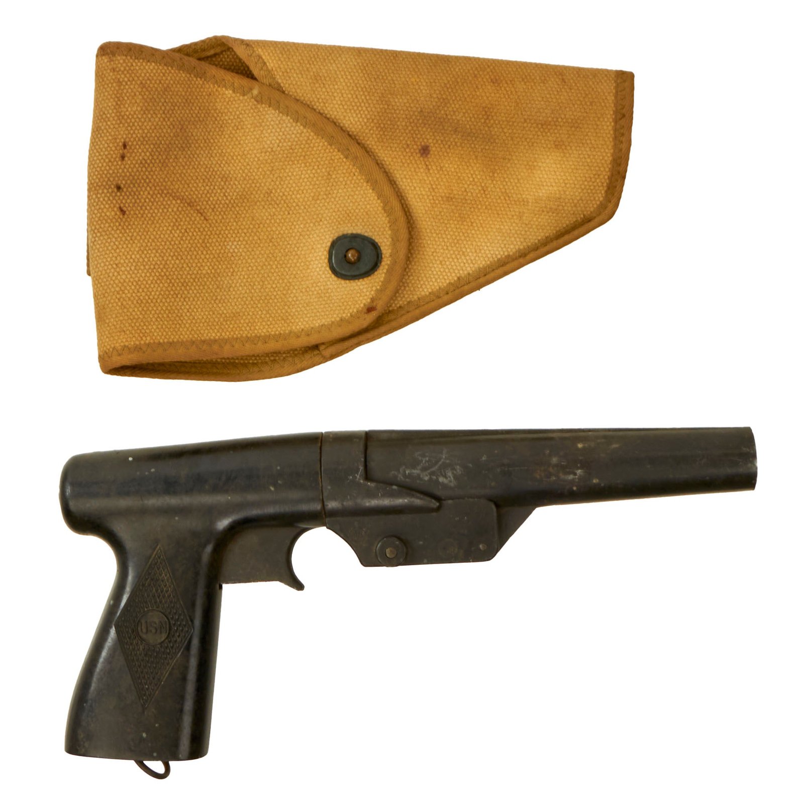 Original WWII U.S. Navy 10 Gauge Vulcan Mark 5 Signal Flare Pistol with Web Holster - Dated 1945