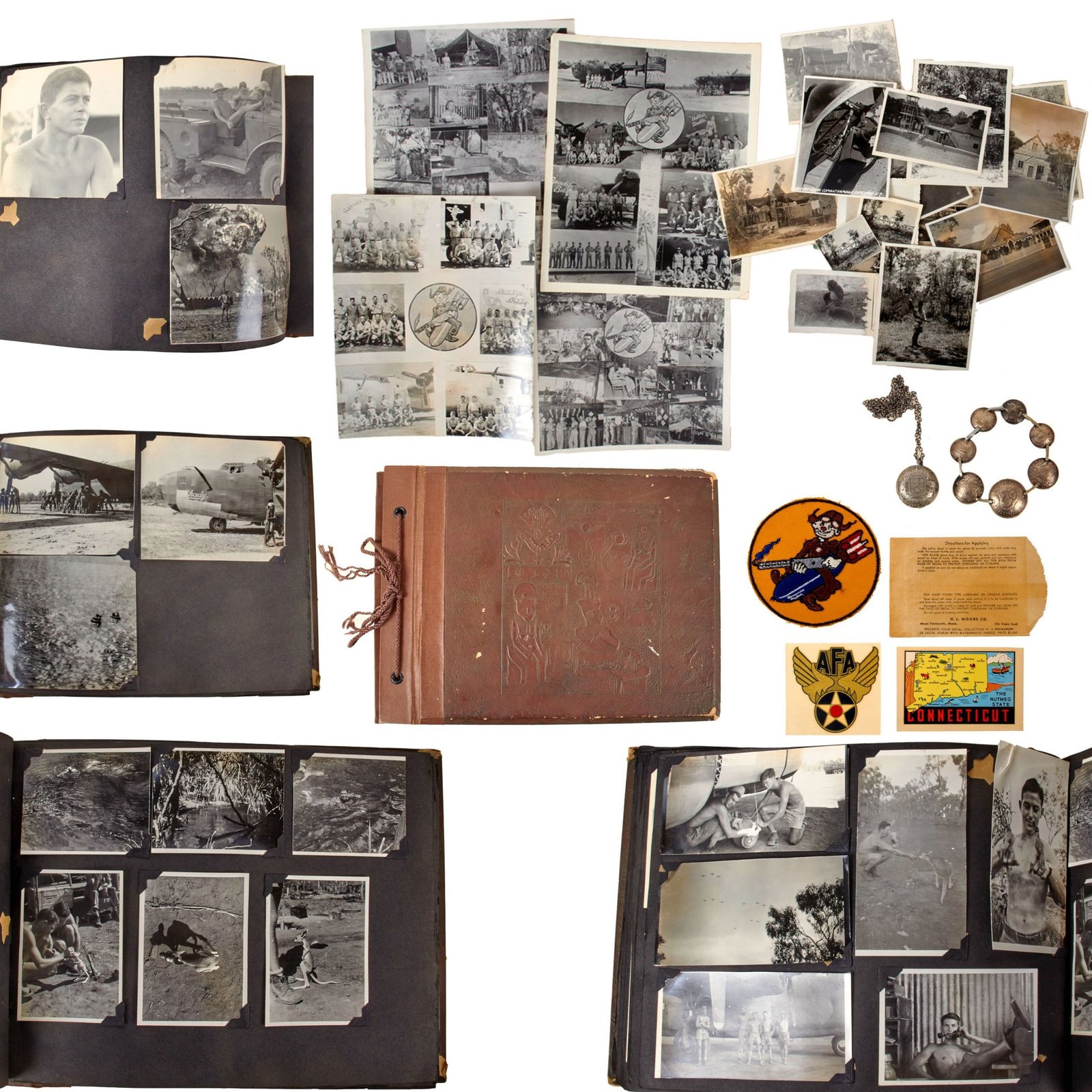 Original U.S. WWII AAF B-24 Photo Album Squadron Nose Art Photos & Great Photographic Content with Squadron Patch, Decals, & Foreign Coin Jewelry - 528th Bomb Squad, 345th Bomb Group - 110 Photographs Total