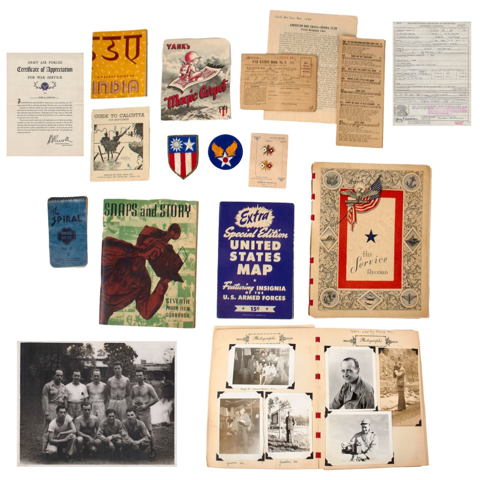 Original U.S. WWII CBI AAF Photographer’s Grouping with Photo Album, Diary, and Great Ephemera Including Discharge - Sydney H. Sidebottom