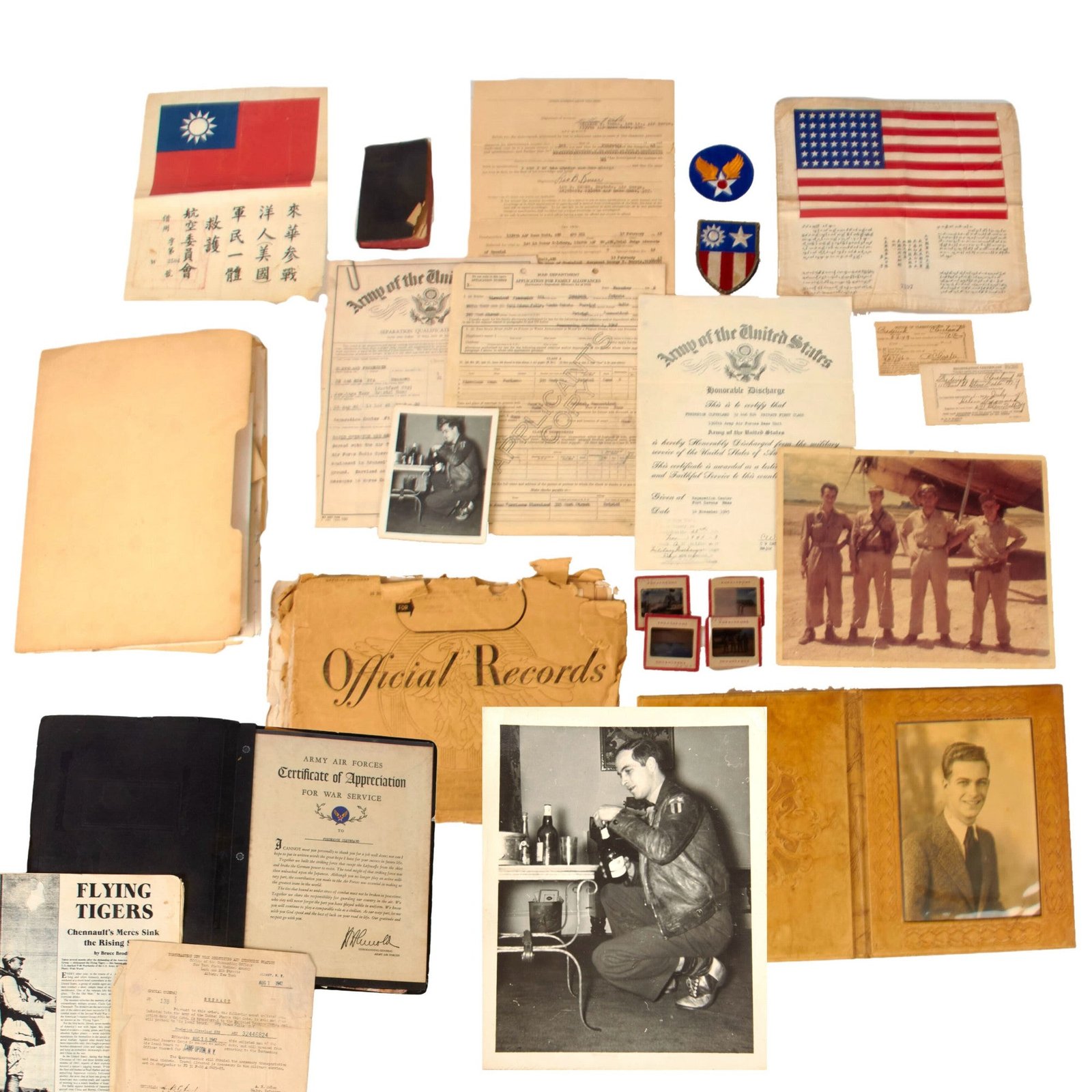 Original U.S. WWII AAF CBI Radio Operator Grouping with Two Blood Chits and Outstanding Ephemera - Frederick Cleveland III - Direct Descendent of Grover Cleveland & Moses Cleveland