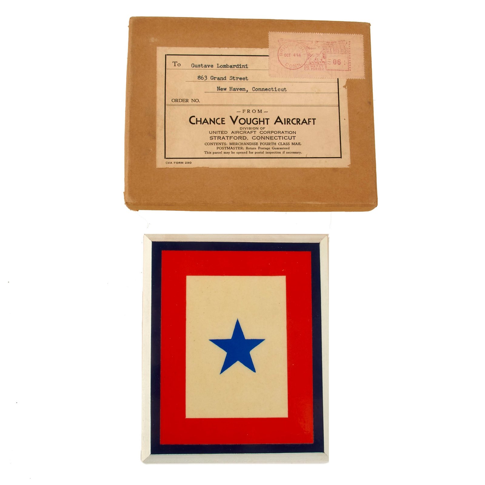 Original U.S. WWII Son-in-Service Plaque in Original Box Presented to Employee of Chance-Vought Aircraft - Maker of Corsair F4U