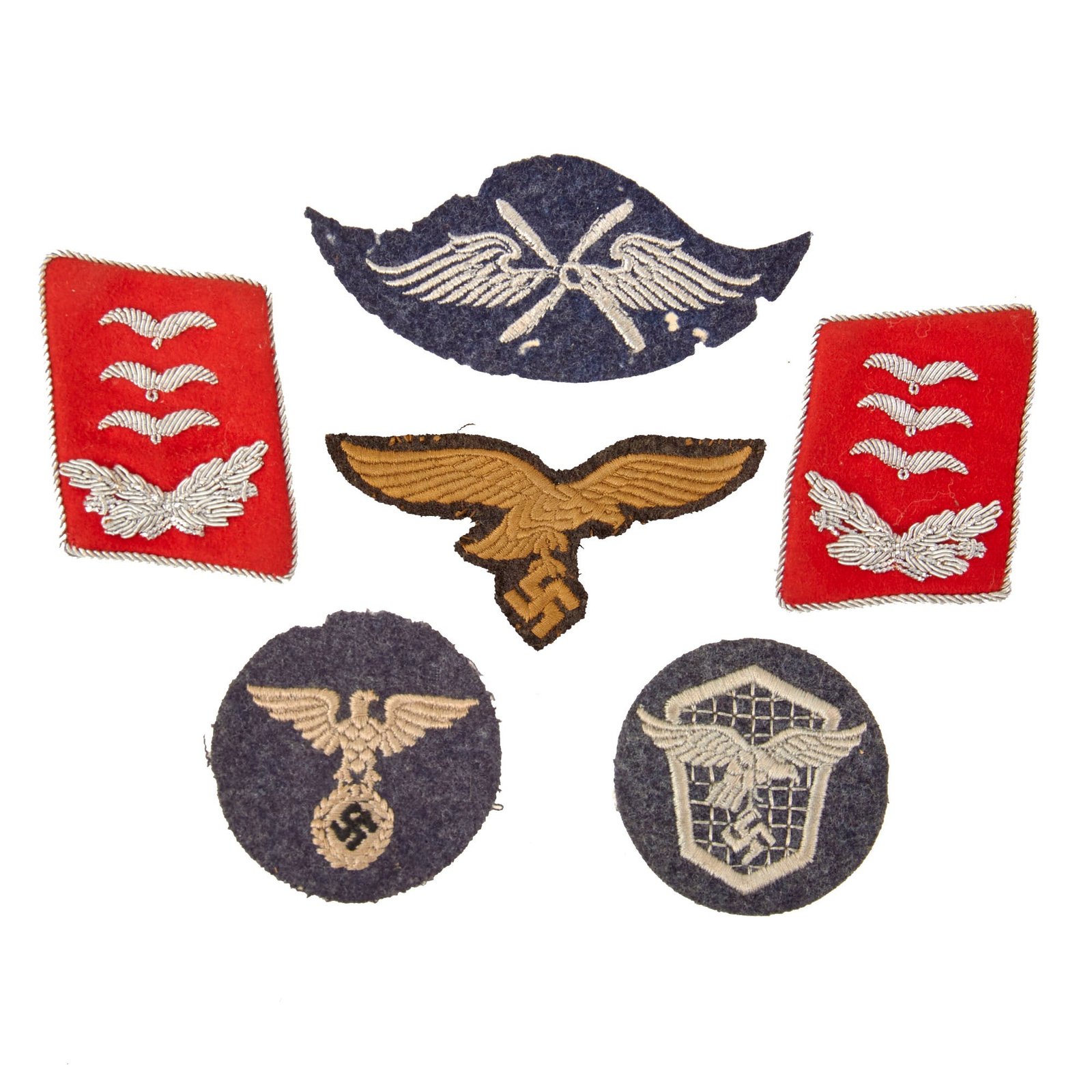 Original German WWII Luftwaffe Air Force Embroidered Insignia Grouping with Collar Tabs & Proficiency Arm Patch - 6 Items