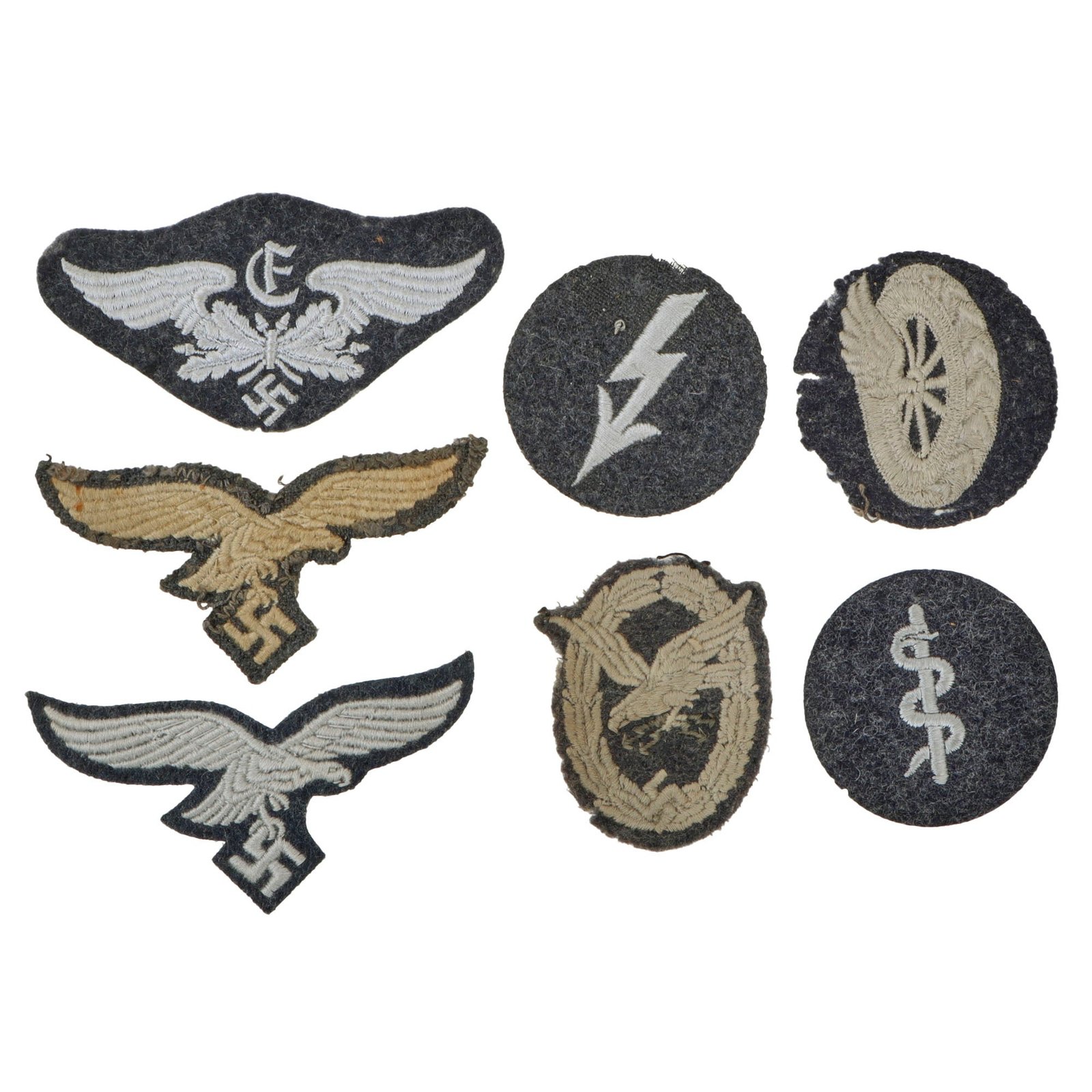 Original German WWII Luftwaffe Air Force Embroidered Insignia and Award Grouping - 7 Items