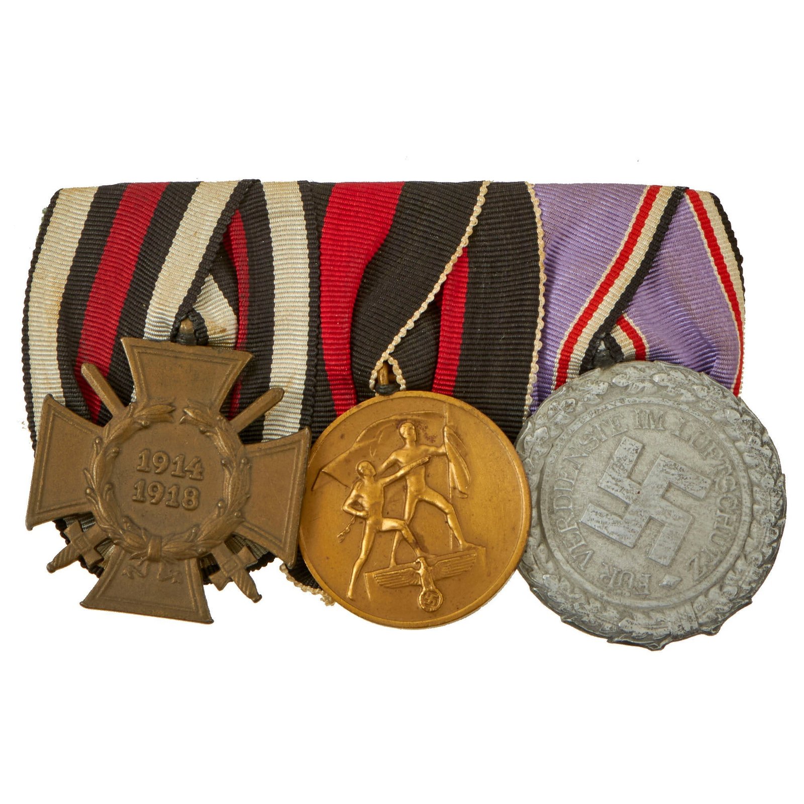 Original German WWI - WWII Era Medal Bar with Hindenburg Cross, Czech Conquest Medal and RLB Award - 3 Awards