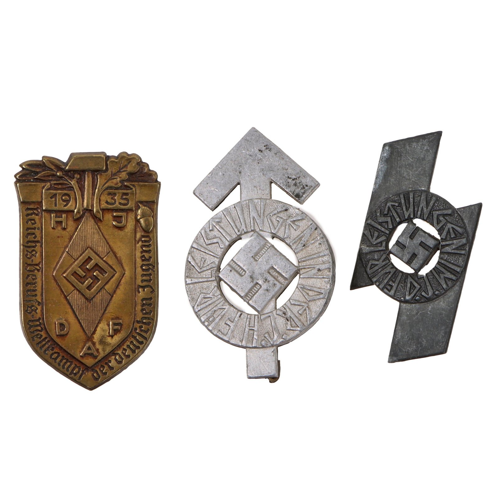 Original German WWII HJ National Youth Association Set of 3 Proficiency Badges - DJ Silver, HJ Silver, and Vocational Competition