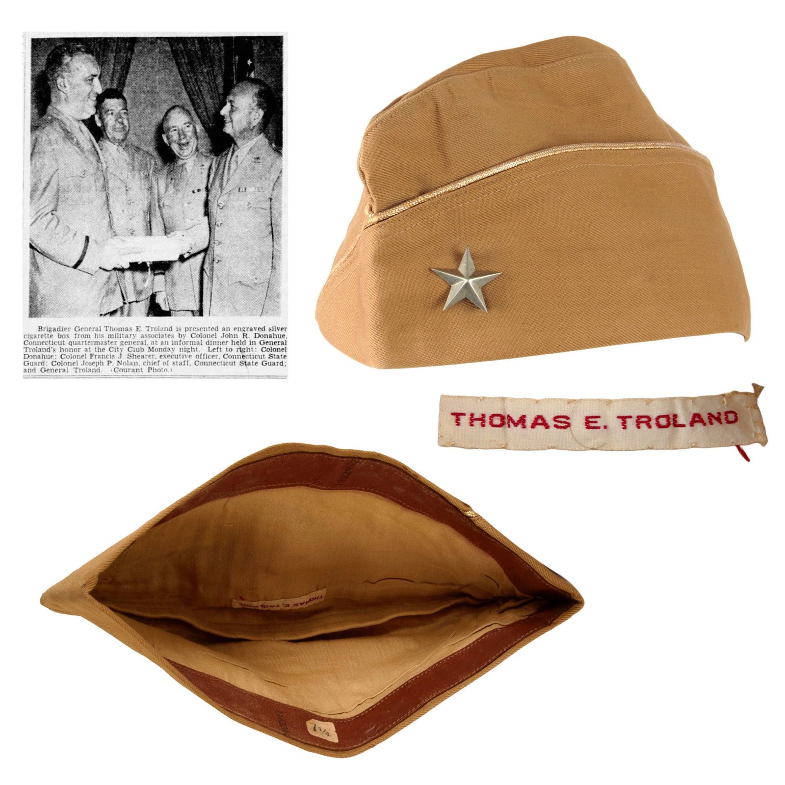 Original U.S. WWII Major General Thomas E. Troland’s Brigadier General Garrison Cap with Gold Piping & Stitched Name Tag - Size 7 ¼