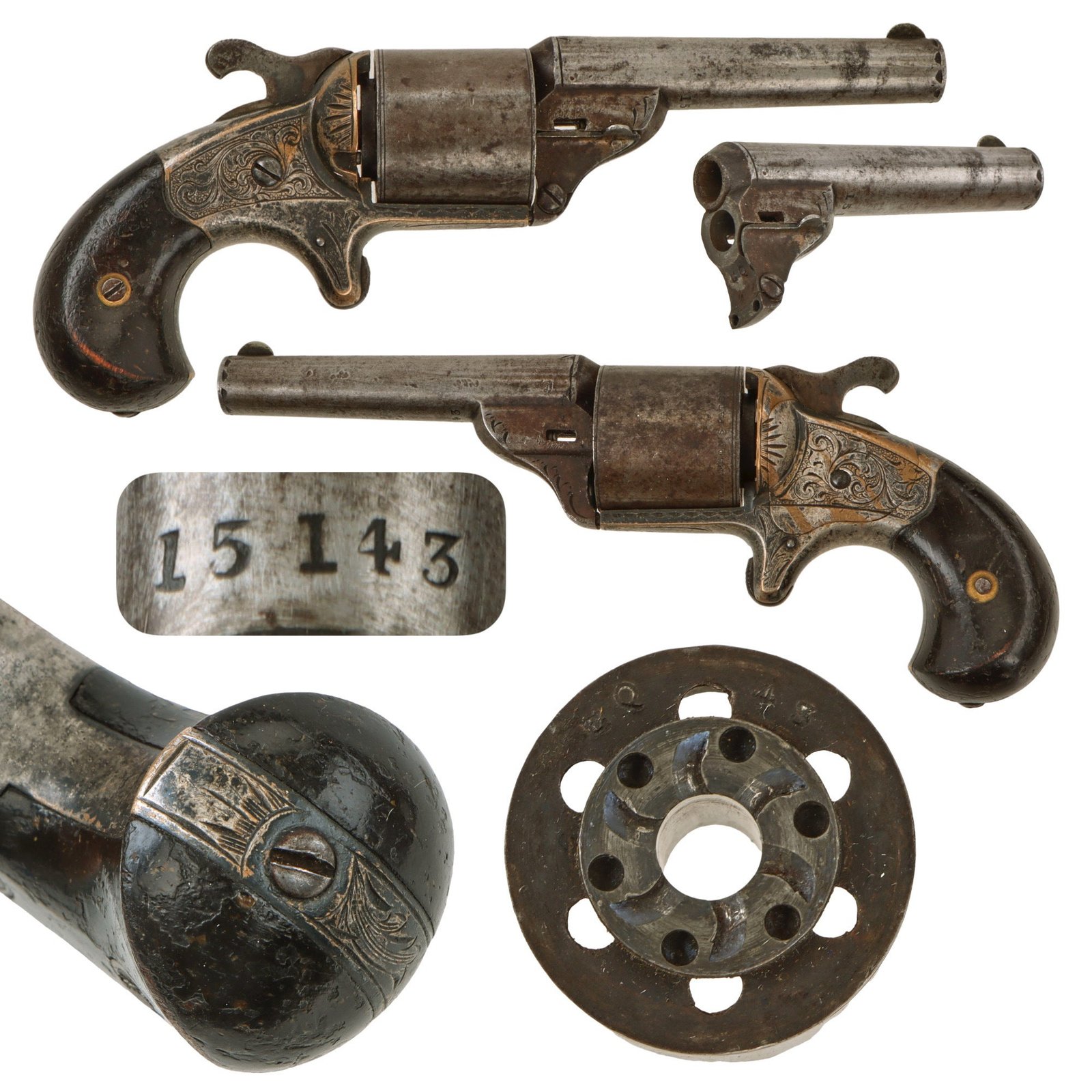 Original U.S. Civil War Era Moore's Patent Firearms Teat Fire .32 Cal Brass Frame Engraved Revolver - Matching Serial 15143