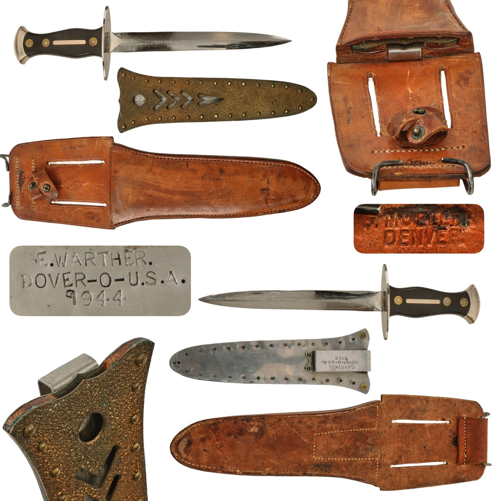 Original U.S. WWII Rare Ernest “Mooney” Warther Fighting Knife With Correct Scabbard and Custom Outer Sheath by F. Mueller of Denver - Dated 1944 - From Collection of American Edged Weapon Museum
