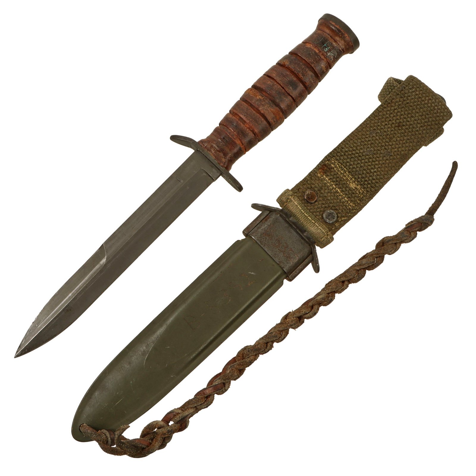 Original U.S. WWII M3 Fighting Knife by IMPERIAL Knife Co. with Updated M8 Scabbard & Braided Leather Thong - Excellent