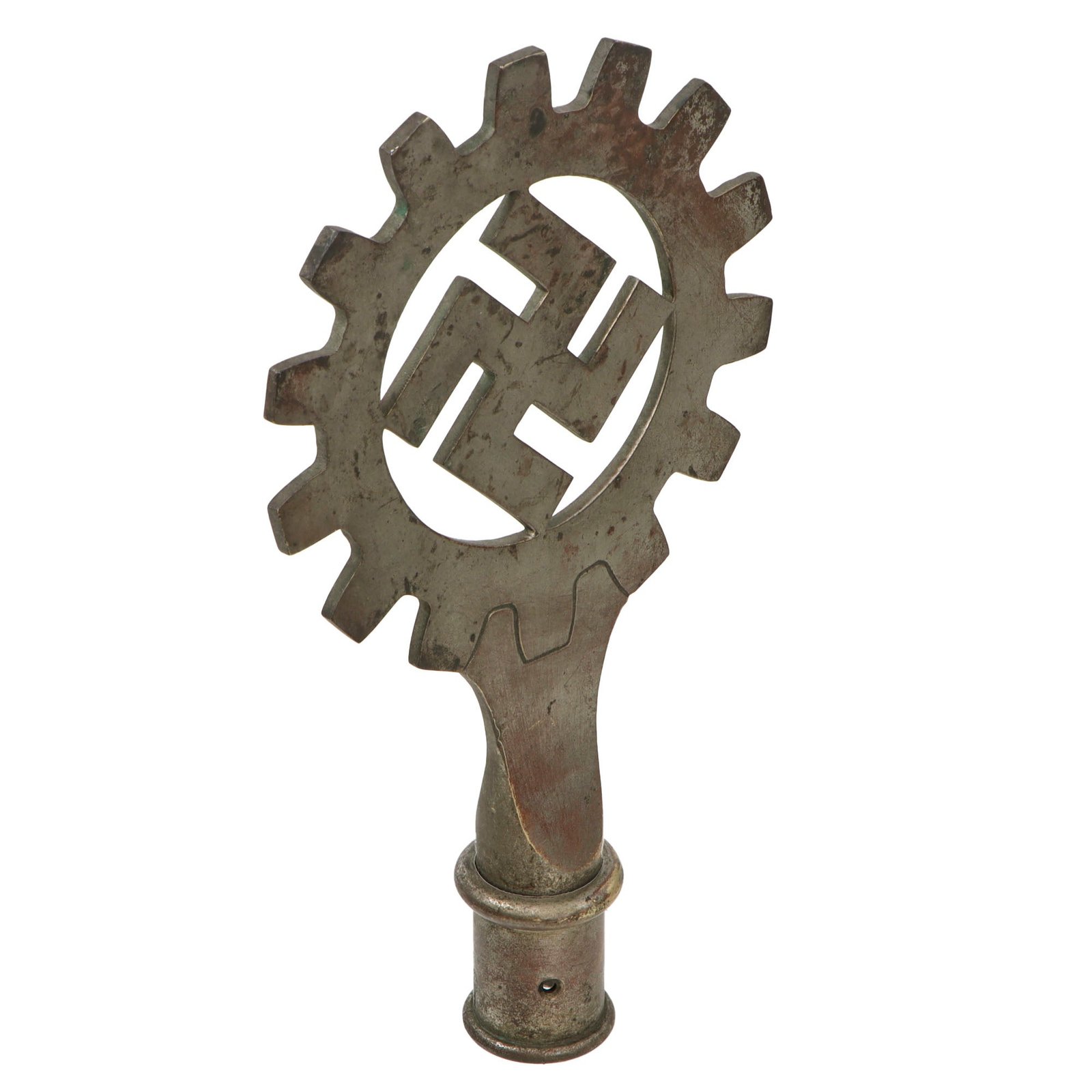 Original German WWII DAF Labor Front Plated Brass Flag Pole Finial with Socket Marked RZM M3/27 - Deutsche Arbeitsfront