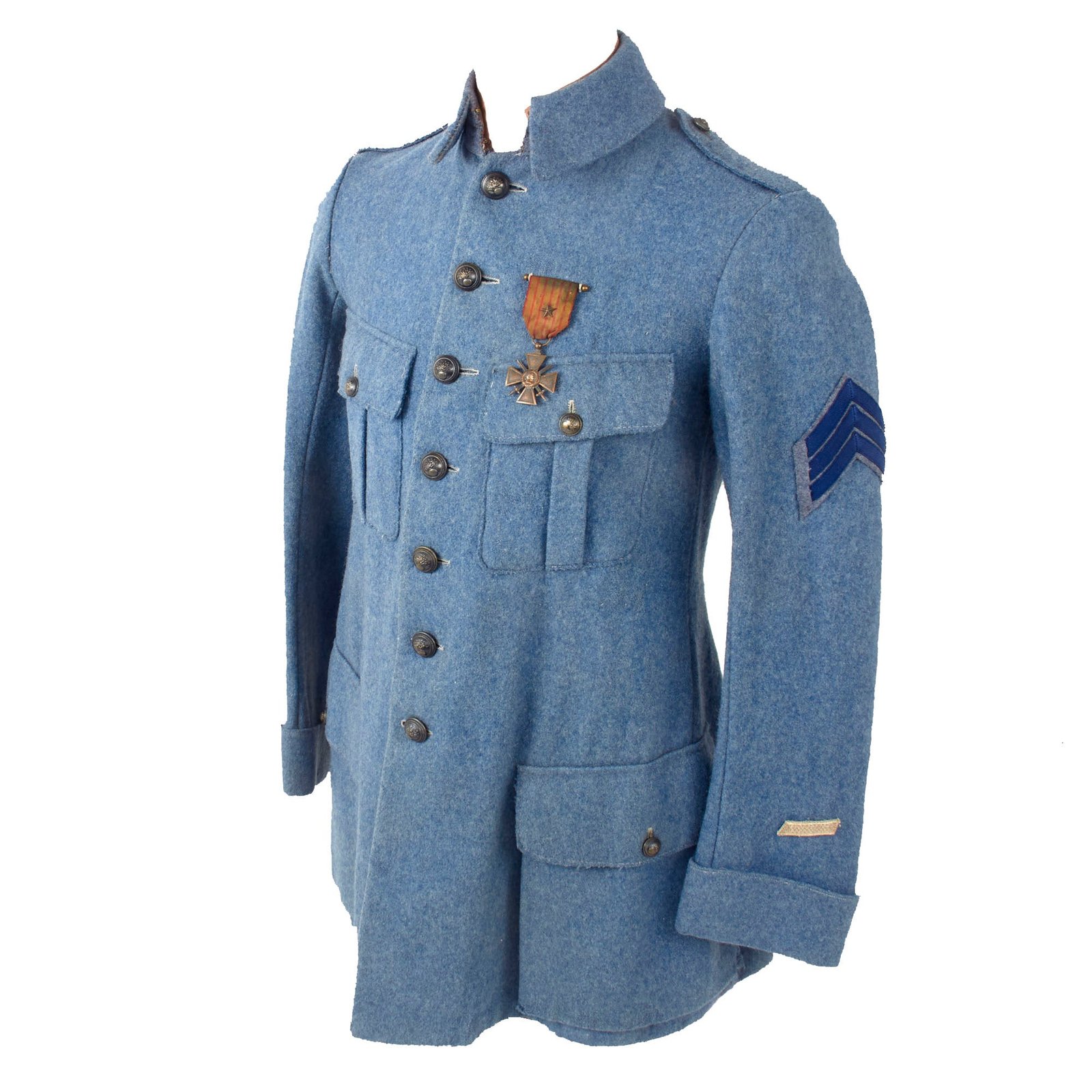 Original French WWI Infantry 2nd Lieutenant Officer’s Tunic with War Service Chevrons and Croix de Guerre - Field Grade Wool