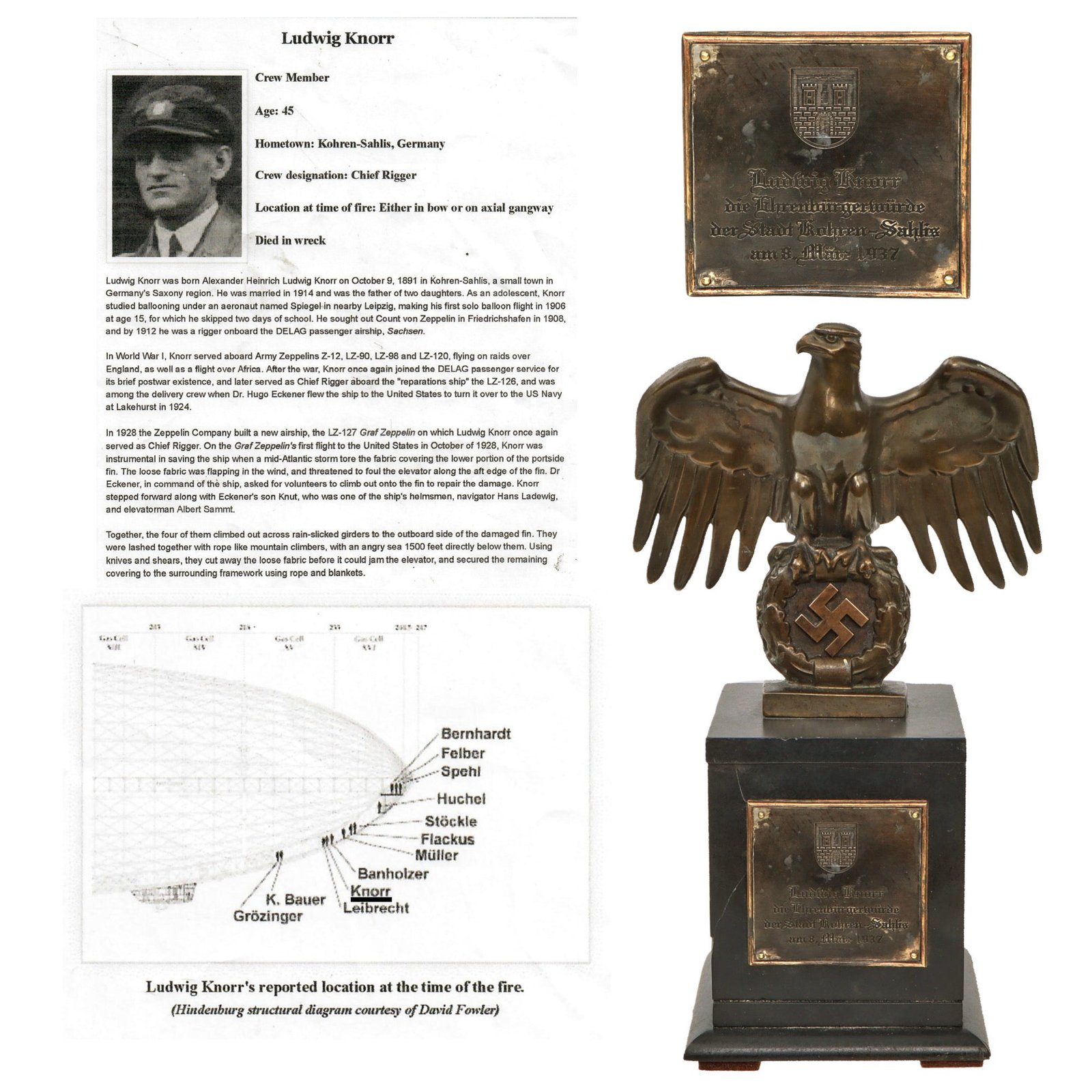 Original German Hindenburg Disaster Chief Rigger Ludwig Knorr Town of Kohren-Sahlis Honorary Citizenship Award with Bronze German Desk Eagle on Marble Base Dated March 8th, 1937, Two Months Prior to Disaster
