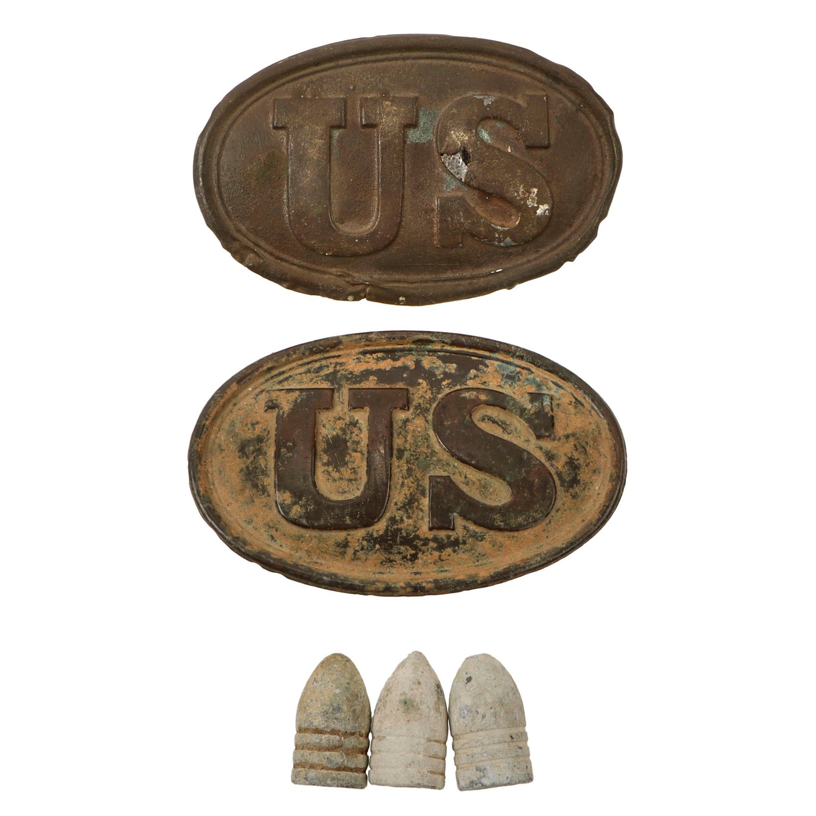 Original U.S. Civil War Relic Lot with Cartridge Box Plates and Bullets - Five Items Total