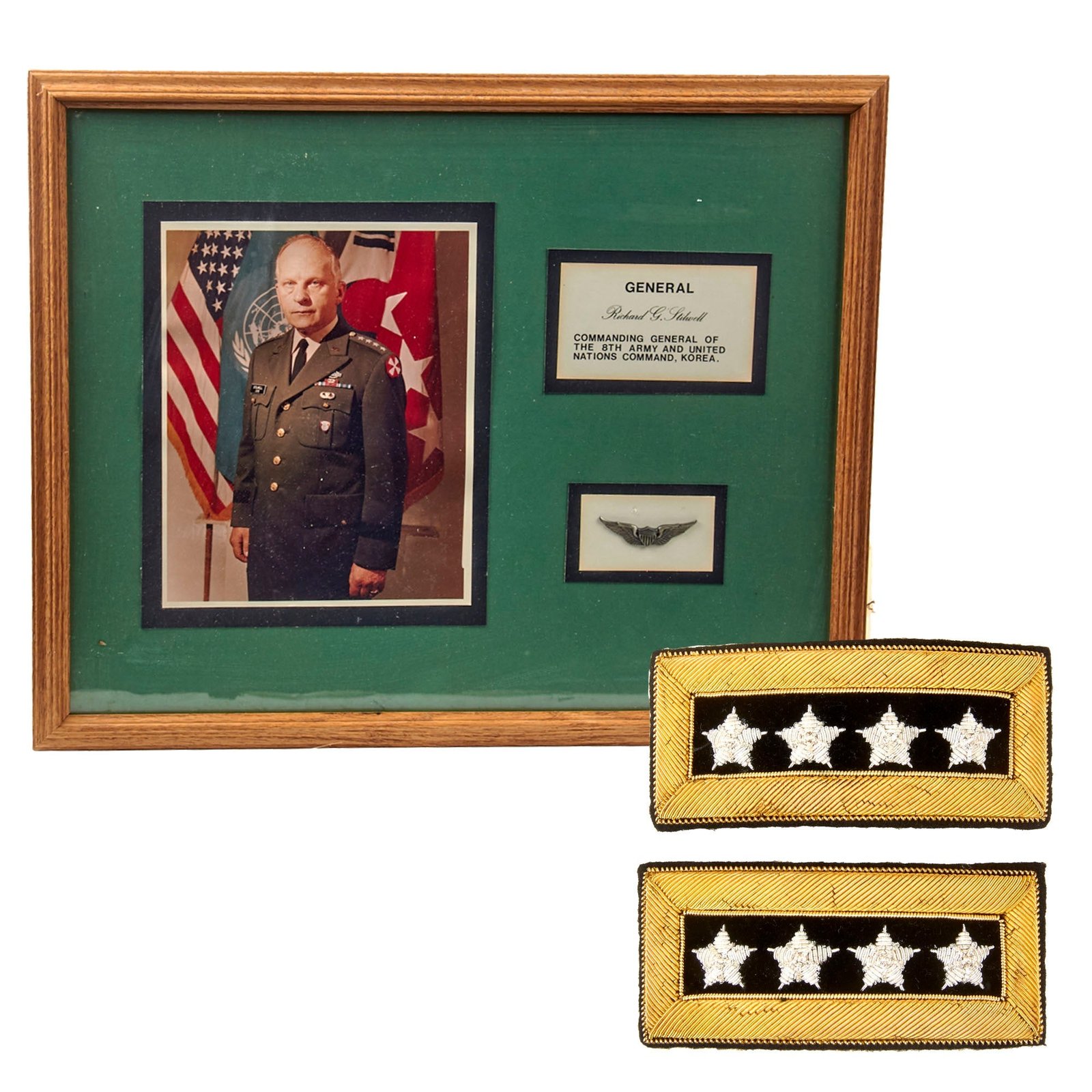 Original U.S. Vietnam War Era General Richard G. Stilwell’s Shoulder Boards & Framed Photo & Pilot Wings with Letter of Provenance - 17 ½ x 21 ½”