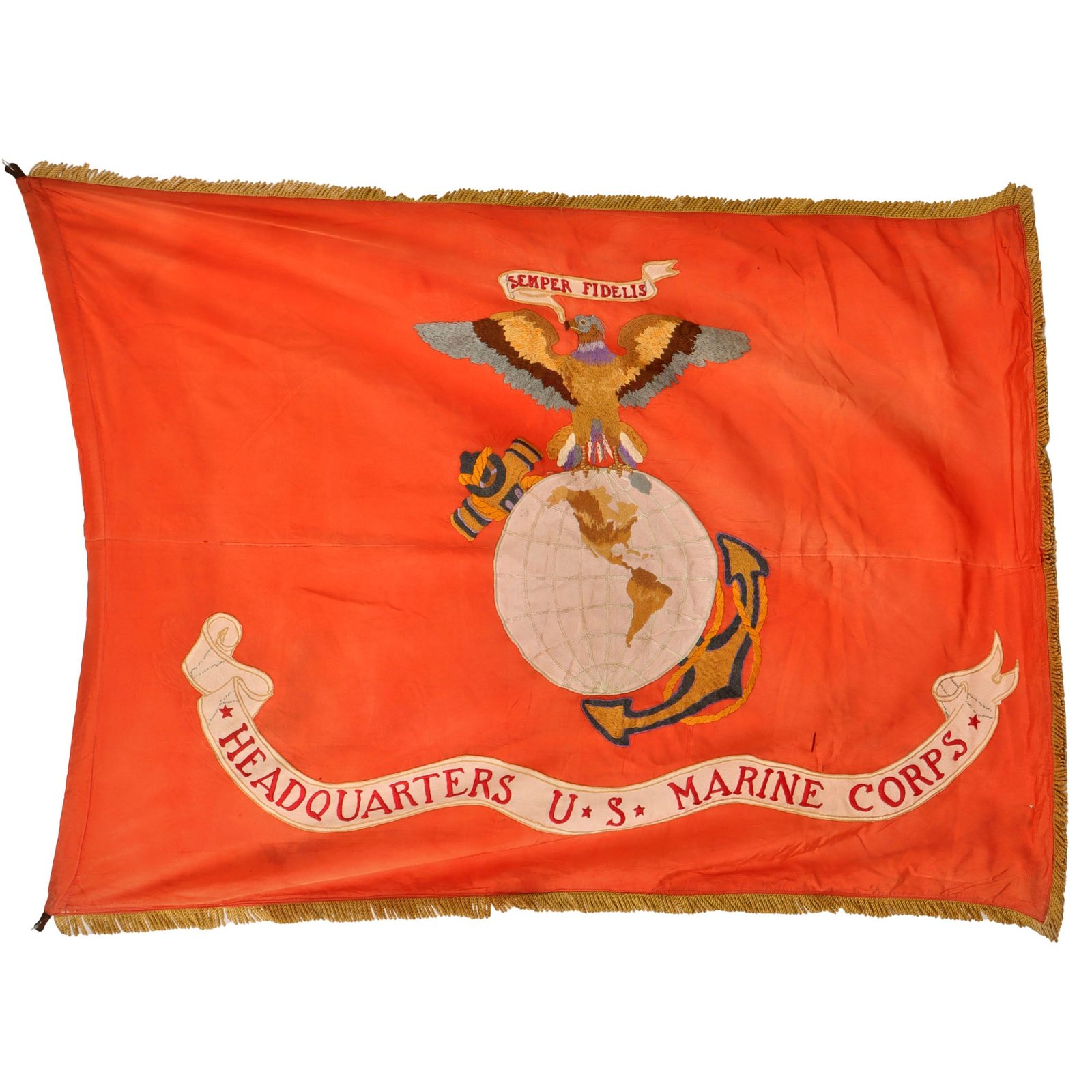 Original U.S. Korean War Era Outstanding Embroidered USMC Marine Corps Headquarters Flag with Fringe & Leather Hangers - 48 x 64”
