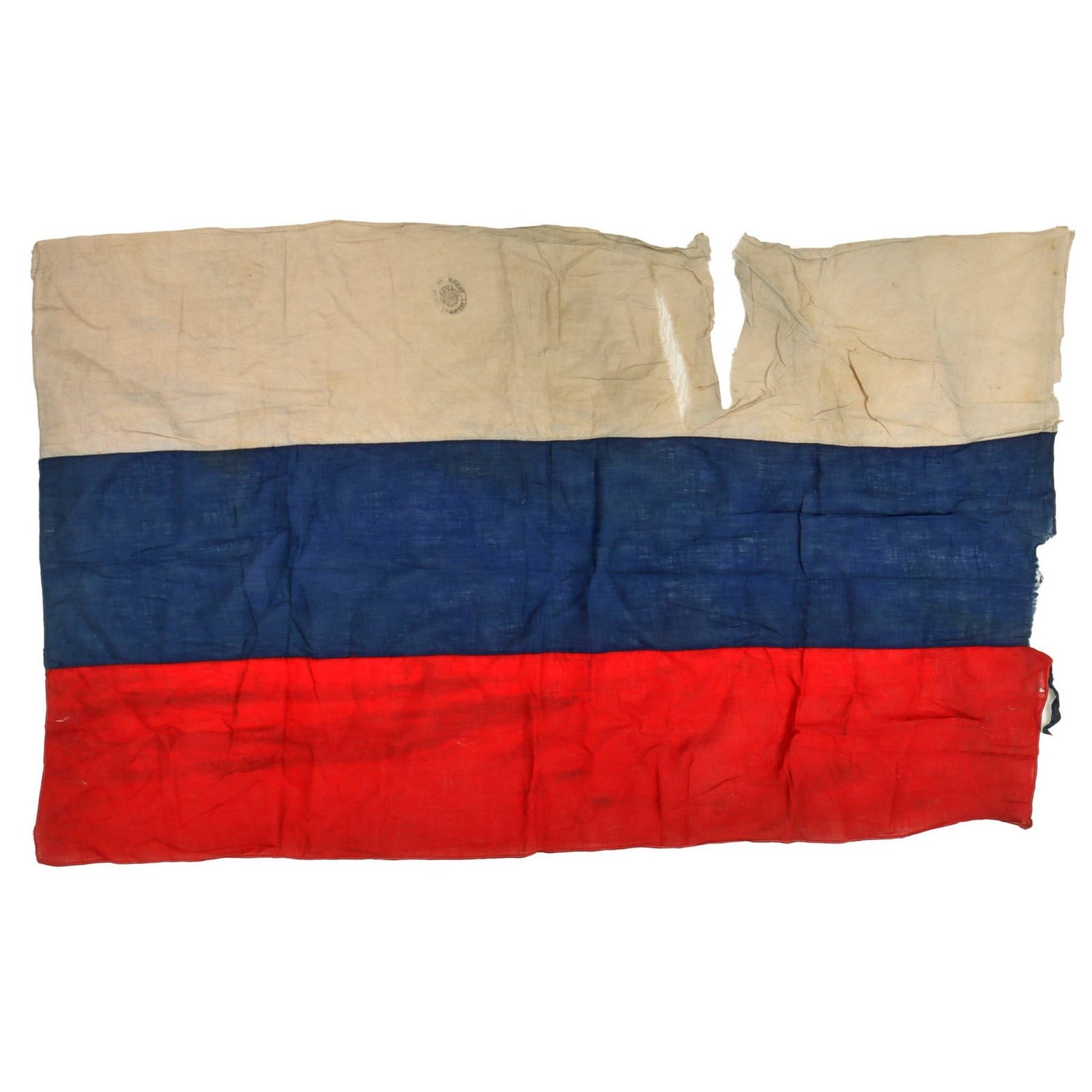 Original Imperial Russian WWI French-Made Russian Tri-Color Flag with Brest Stamp & Tearing - 27 x 43”
