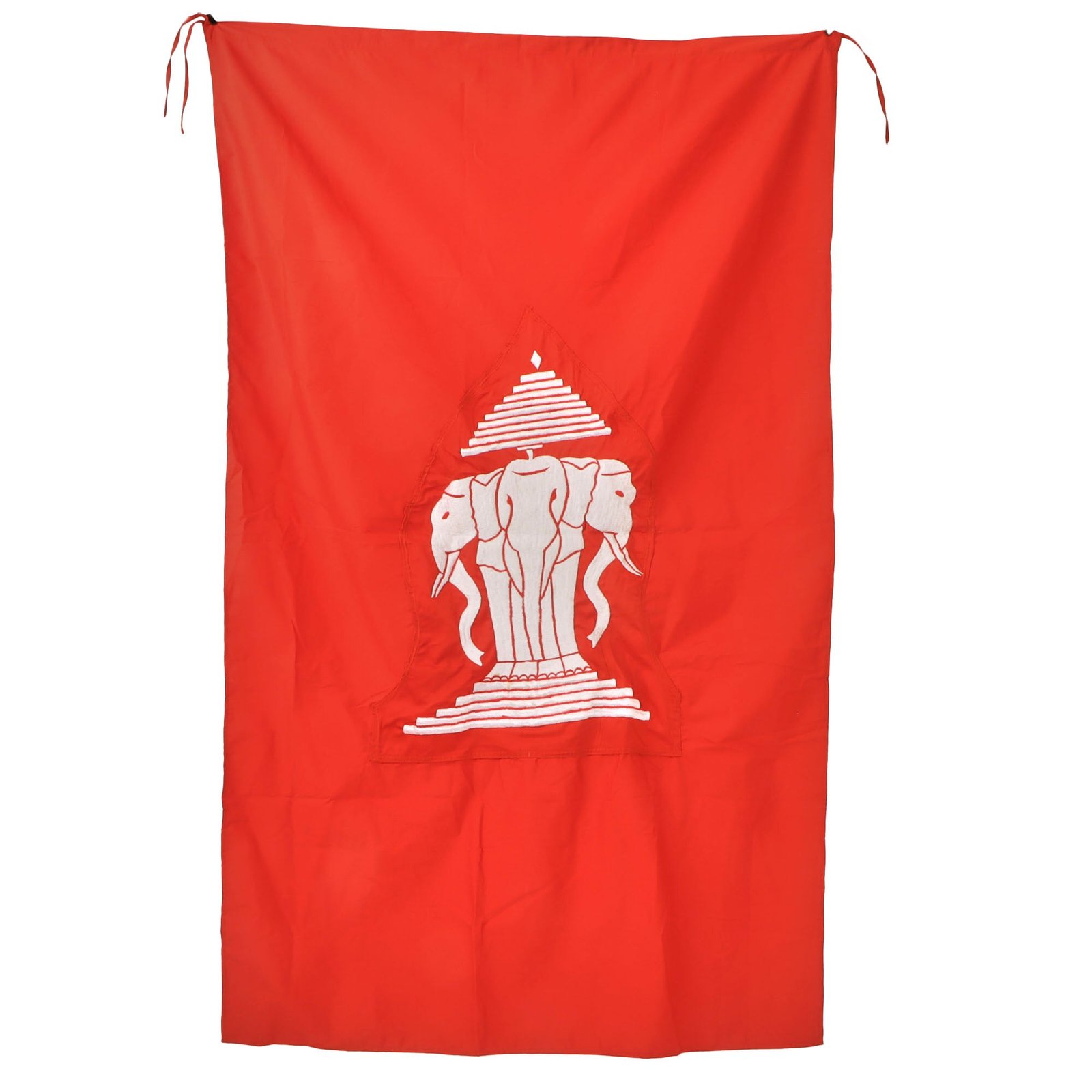 Original Laotian Vietnam War Era Flag of Kingdom of Laos with Embroidered Elephants - 32 x 58”