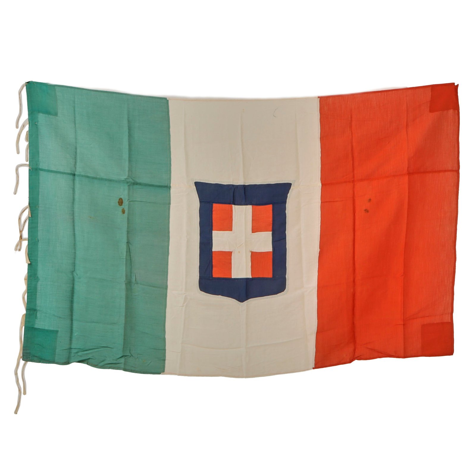 Original Italian WWI Multi-Piece Silk Kingdom of Italy Flag With Multi-Piece Stitched Savoy Coat of Arms and Tie Strings - 36 x 56”