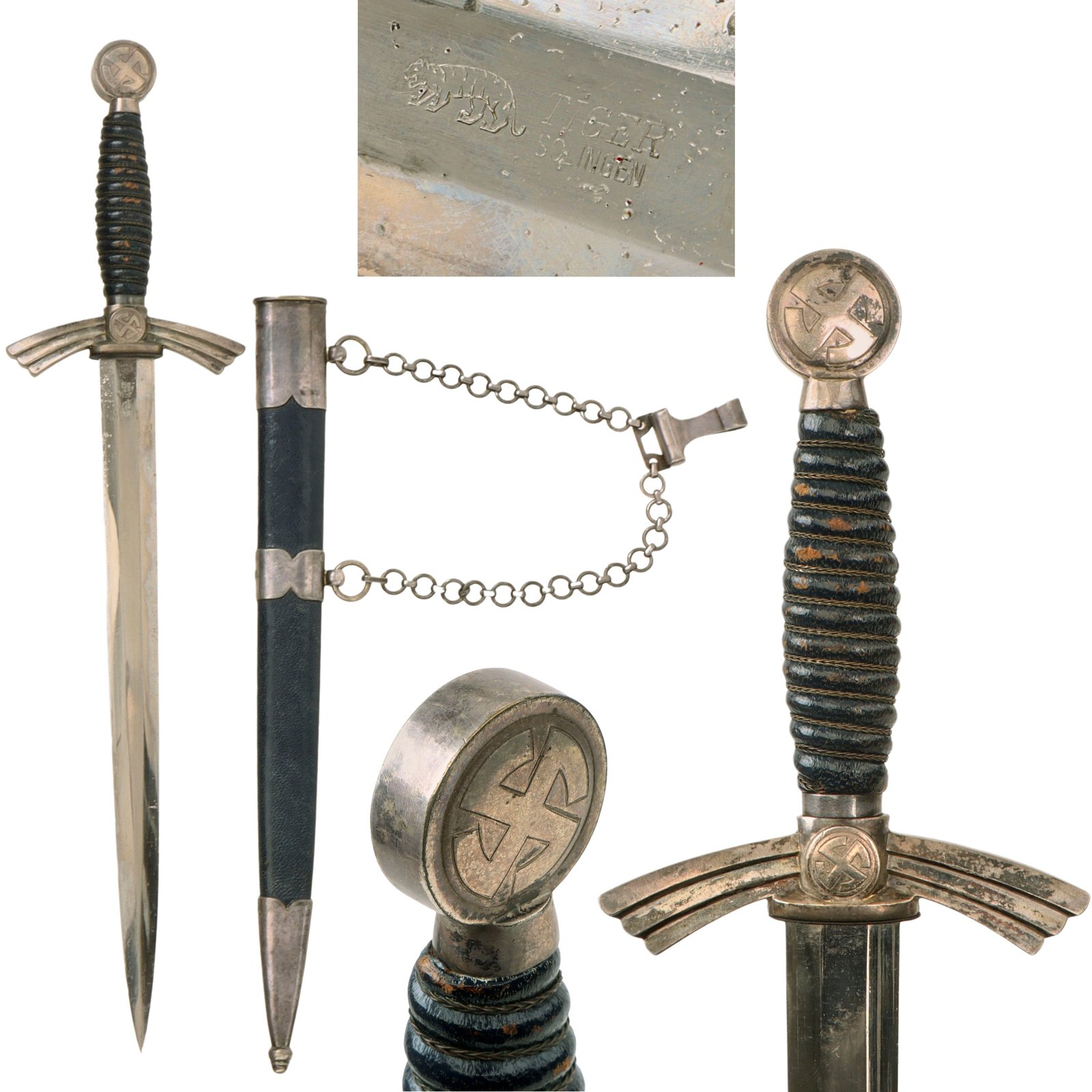 Original German WWII Early 1st Model Luftwaffe Dagger by TIGER Lauterjung & Co. with Chain & Belt Clip